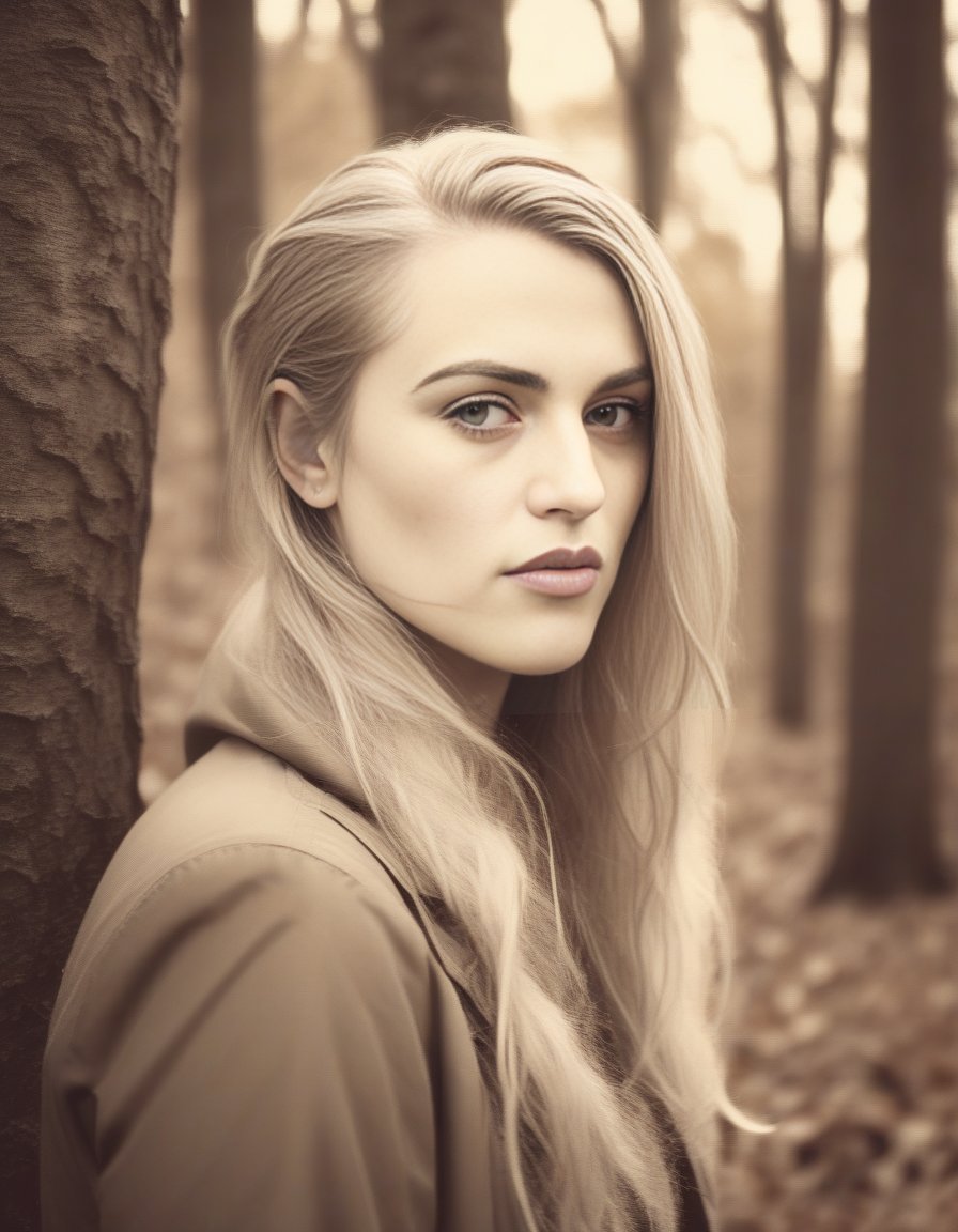 KatieMcgrath, portrait,close up of a Serbian Female, Alhambresque Blonde hair, autumn forest, Bokeh, Rough sketch, 60s Art, Sepia filter, dripping with DayGlo blue, poster art, <lora:KatieMcgrathSDXL:1>