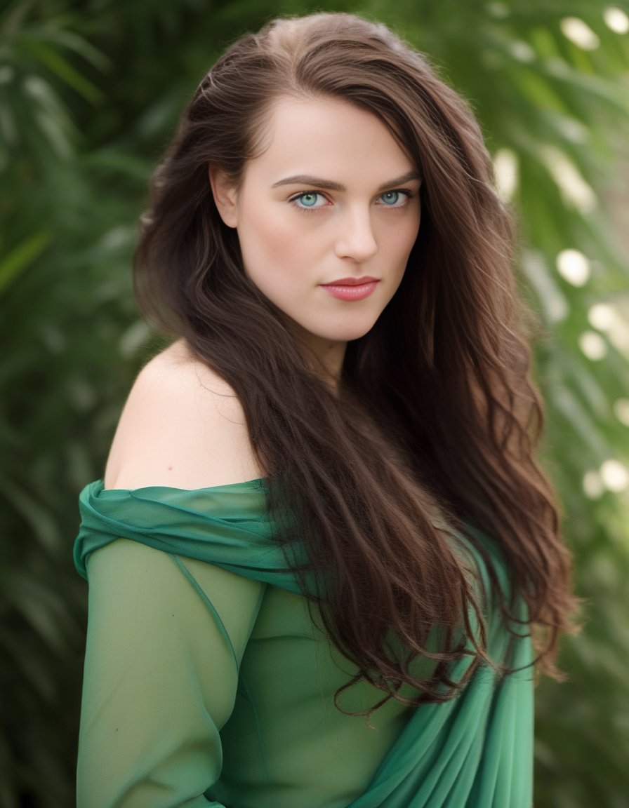 KatieMcgrath,<lora:KatieMcgrathSDXL:1>The image features a stunningly beautiful young   woman with long, curly hair and bright blue eyes. She is wearing a green dress and a scarf, giving her a stylish and elegant appearance. The woman is looking at the camera, capturing her attention and making the viewer feel as if they are looking into her eyes. The overall scene is visually appealing and showcases the woman's beauty and grace.