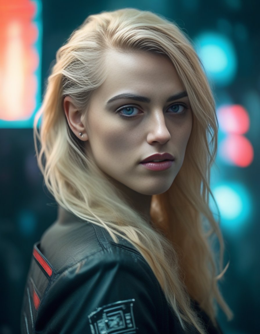 KatieMcgrath,<lora:KatieMcgrathSDXL:1>,(professional photography), (cyberpunk background), ((as a cyberpunk girl)), detailed face, (medium body portrait), (blonde hair), masterpiece, best quality, (eye contact), (looking at the viewer), centred, (shot from front), ((cinematic lighting)), blurred_background, proportional