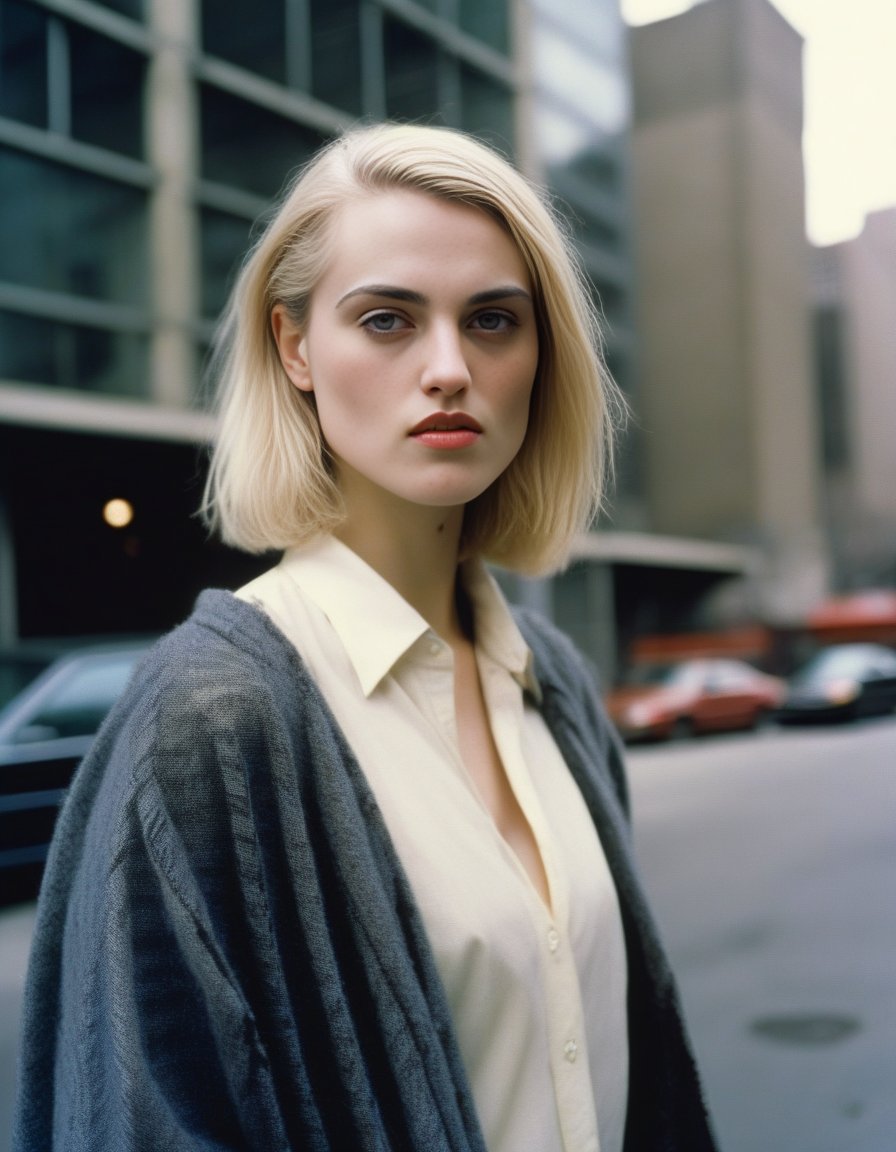 KatieMcgrath,<lora:KatieMcgrathSDXL:1>In the gritty streets of 1990 Manhattan, a street-style photograph captures the essence of grunge fashion embodied by a woman standing confidently in front of a sleek silver high-rise building. Her blonde hair, fashioned in the quintessential 90s bob, exudes an air of nonchalant rebellion reminiscent of the era's fashion trends