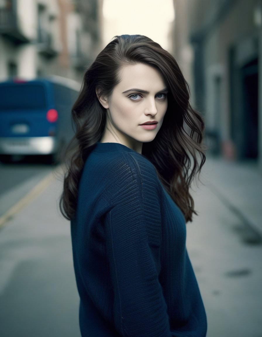 KatieMcgrath,<lora:KatieMcgrathSDXL:1>,An image of a pretty woman with wavy brunette, dimensional dark brown Highlights hairstyle, a mild warm complexion, subtle eye-focused makeup. She's dressed in a black sweater and blue jeans, standing casually on an urban street, touching her hair with one hand, in the style of Annie Leibovitz.