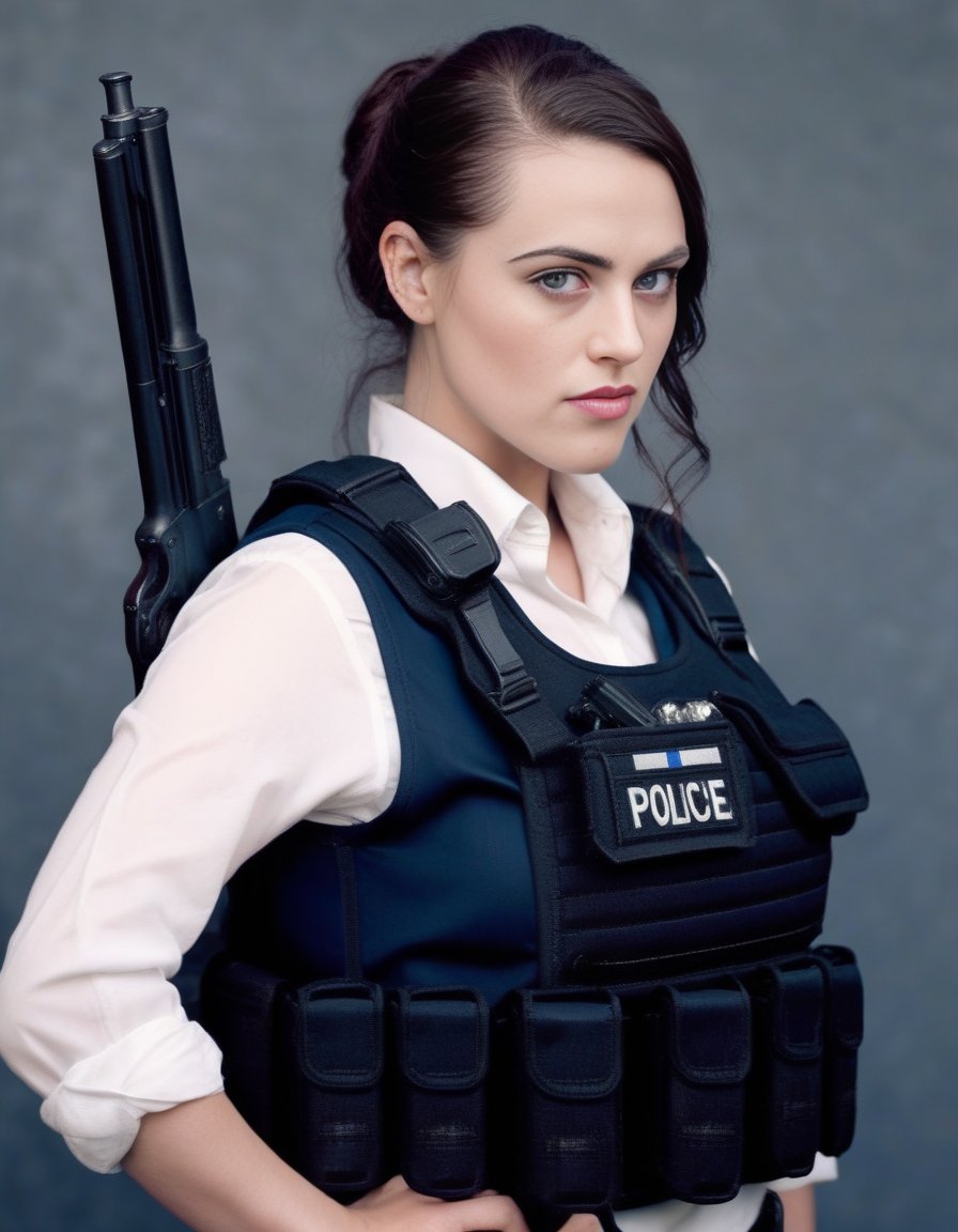 KatieMcgrath,<lora:KatieMcgrathSDXL:1>,photo,detailed background, stunning beauty, high quality photo, perfect composition, perfect details and textures, highly detailed, front view, looking at camera, perfect lighting, with a ponytail, with a bulletproof vest and a shotgun, policewoman