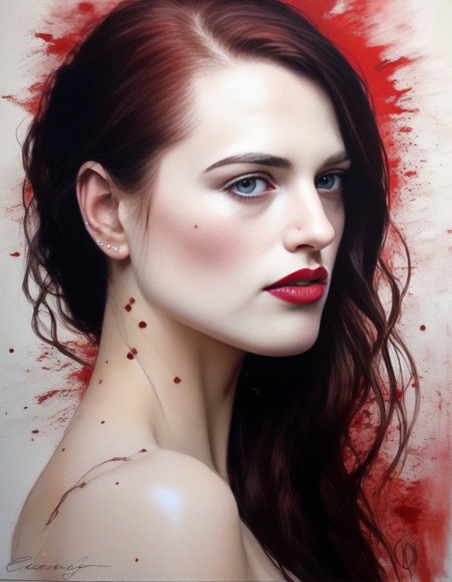 KatieMcgrath,<lora:KatieMcgrathSDXL:1>,A painting, beautiful woman (freckles),  (((red ominous war))) [in the style of Anna Razumovskaya and Clovis Trouille:0.4]