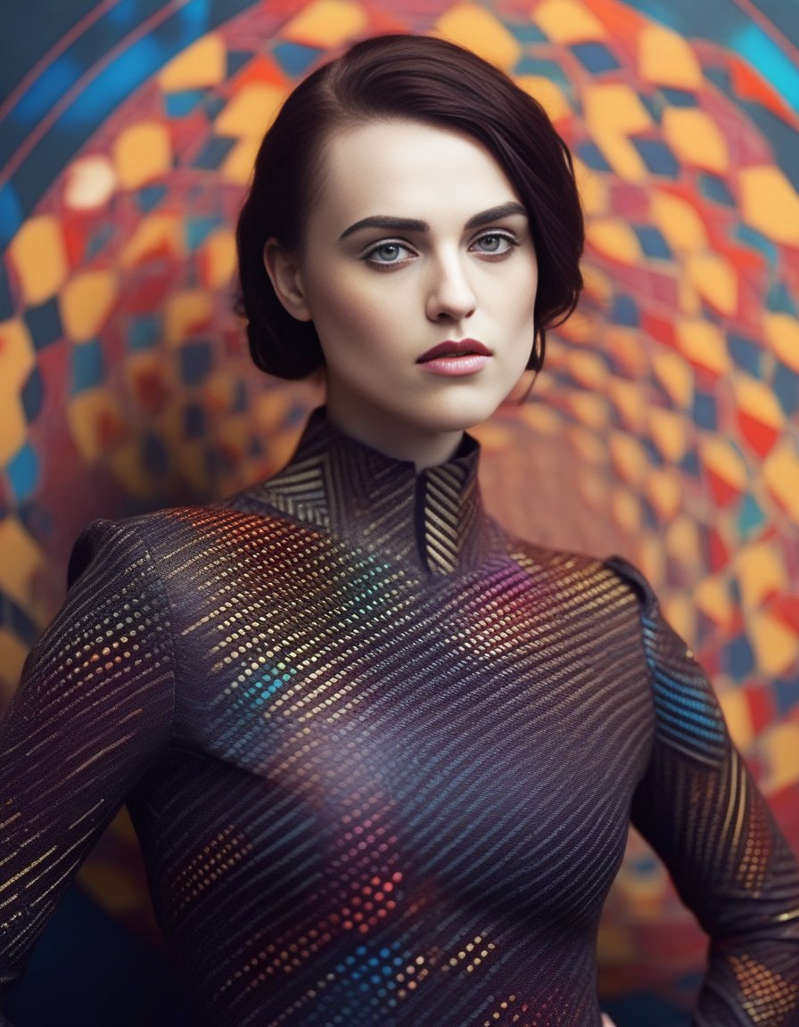 KatieMcgrath,<lora:KatieMcgrathSDXL:1>, cinematic photo (full-body:1.85) A futuristic portrait of a beautiful young woman on a simple paper studio background with a strong colourful intricate circular geometrical pattern, geometrical makeup, (highly detailed skin texture:1.6), pores, high contrast . 35mm photograph, film, bokeh, professional, 4k, highly detailed