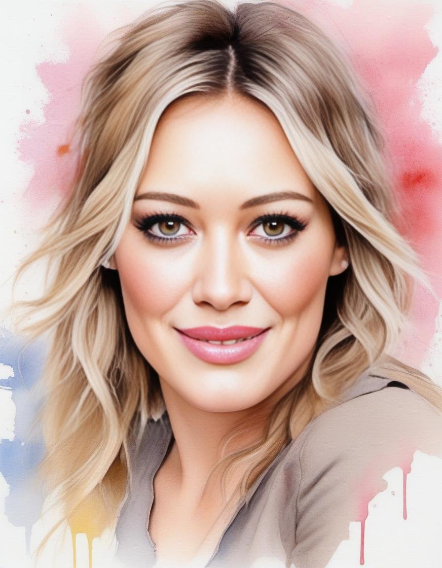 HilaryDuff,<lora:HilaryDuffSDXL:1>,A realistic watercolor portrait of a young woman. She has long, wavy hair with natural brown highlights, a fair complexion with rosy cheeks, and subtle pink lips. Her eyes is very detailed and expressive, framed by defined eyebrows and lashes. The portrait includes artistic watercolor splashes around her hair and in the background, with a lightly textured paper effect. The overall mood conveys a serene and soft ambiance.