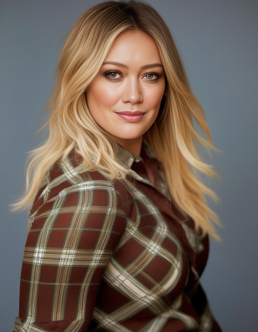 HilaryDuff,<lora:HilaryDuffSDXL:1>,A waist up portrait of a young beautiful (Scottish | French | Spanish | Pakistani ) girl, soft natural skin, long layered bob hair style, slim with curves,  tartan shirt,  highly details, soft lighting.