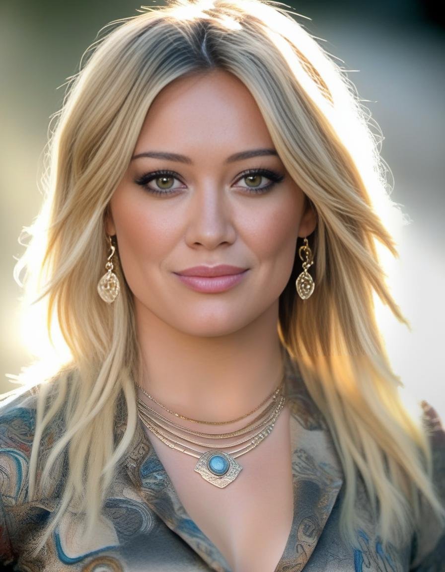 HilaryDuff,<lora:HilaryDuffSDXL:1>,A close-up portrait of a young beautiful (Scottish | French | Spanish | Iraqi ) girl, soft natural skin, long layered bob hair style, slim with curves, Persian Paisley shirt, beautiful diamond necklaces and rings, highly details, soft lighting, {{{masterpiece))), (((super-realistic)))