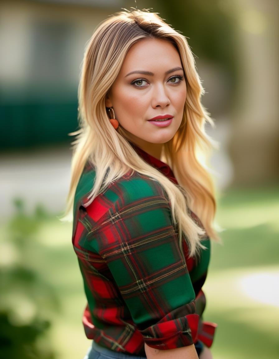 HilaryDuff,<lora:HilaryDuffSDXL:1>,A portrait of a young beautiful girl, natural complexion soft skin, under cut hair style, highly details, slim-with-curves, green-red Tartan  shirt, outdoor setting, establishing shot