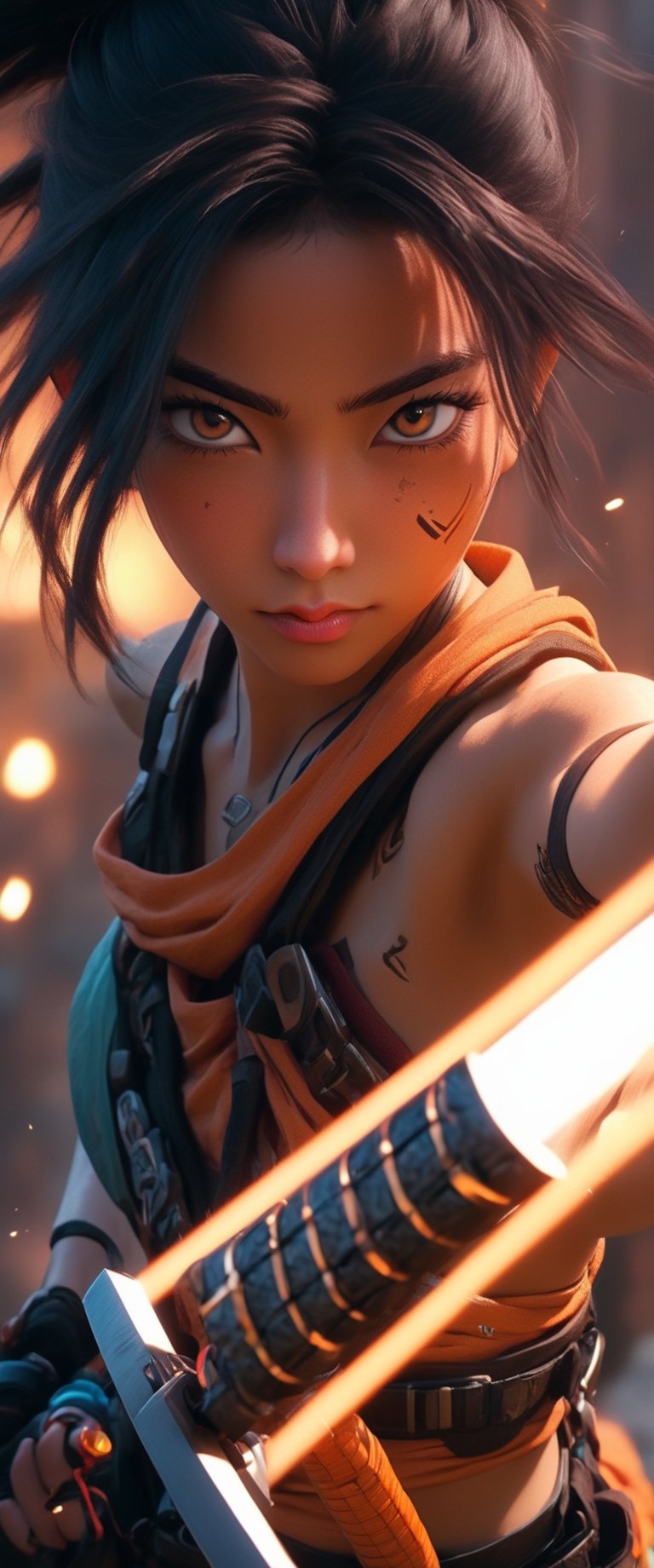 Jinx blanding a katana, in the style of League of Legends, anime art, cyberpunk manga, photorealistic scenes, light orange and light bronze, epic, rtx on, daz3d, animated illustrations, digital art techniques,sooyaaa