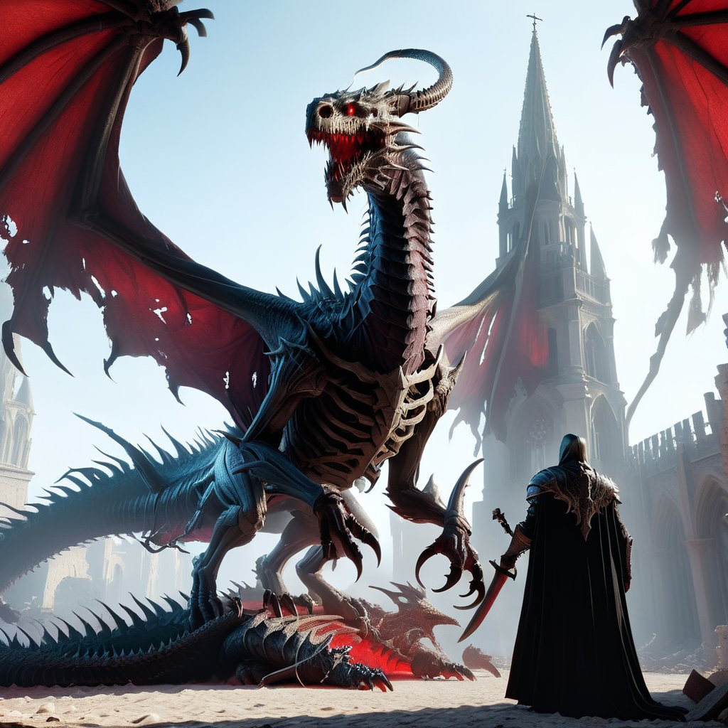 Dark fantasy horror game scene,  a hero approaches an evil creatures,  poised in front of a great undead dragon,  a undead dragon dracolich with glowing red eyes is perched standing on the ruins of once mighty cathedral,  it awaits the approaching knight,  hinting at an epic battle to come,  concept art,  cgsociety,  32k,  ((masterpiece)),  ((best quality)),  stunning,  absurdres,  DracolichXL24,<lora:EMS-280852-EMS:1.000000>