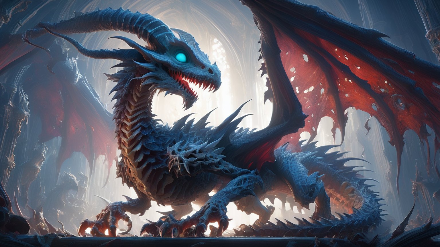 Ultra detailed illustration painting of a 1dracolich,  "a cute chibi baby dragon dracolich on navy bioluminescent galaxy,  exposed muscles and bone,  round skull-like head,  big sparkling eyes,  happy adorable horror creature,  dragon nest in an abandoned gothic cathedral",  detailed setting,  by marc simonetti and yoji shinkawa and wlop,  mark ryden,  chris ryniak,  todd lockwood,  chris rallis,  dynamic pose,  intricate details,  concept art,  extremely detailed,  cinematic,  stunning visual masterpiece, DracolichXL24, disney pixar style, glitter,<lora:EMS-280852-EMS:0.800000>