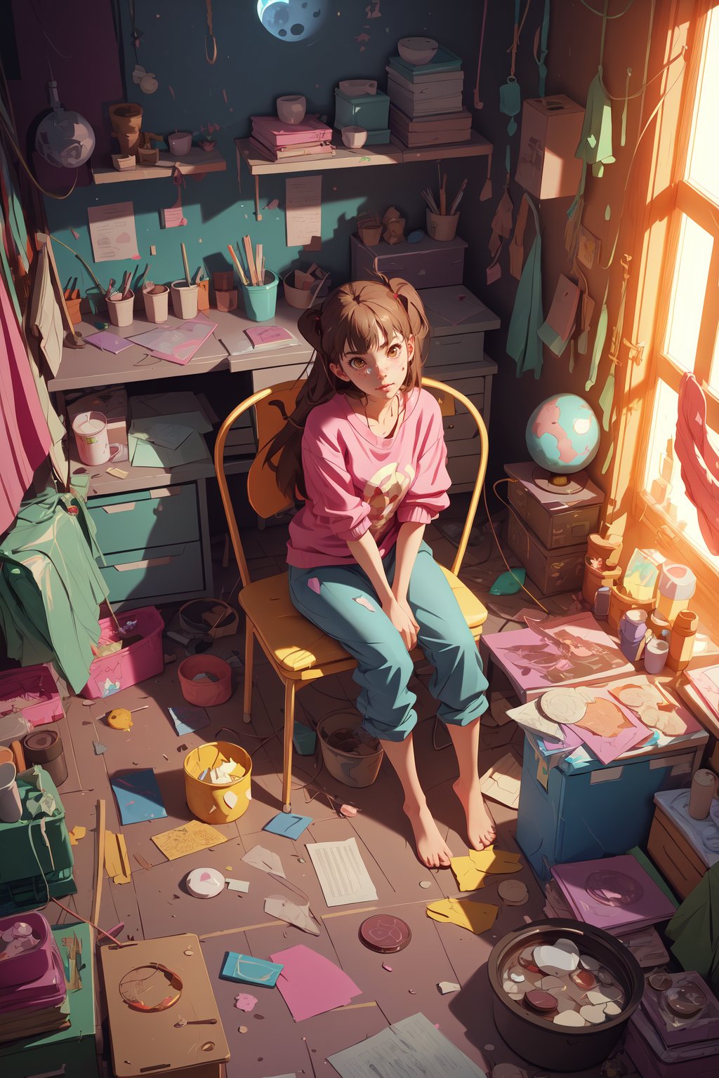 a girl,  sitting in her messy room,  in a room full of pots and trees,  full moon in the background. by makoto shinkai,  stanley artgerm lau,  wlop,  rossdraws,  james jean,  andrei riabovitchev,  marc simonetti,  krenz cushart,  sakimichan,  trending on artstation,  digital girl,  sitting in her messy room,  wlop,  trending on cgsociety,  trending on artstation