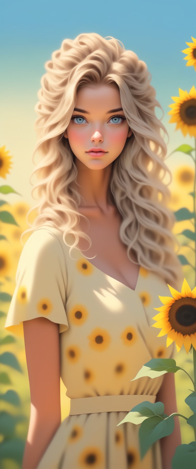 Photorealistic half body portrait of hyperrealistic Character by Alena Aenami, blond haired beautiful woman, wearing a yellow summer dress,with beautiful blue eyes,cute and shy, beautiful and realistic, looking to viewer, stands in front of an sunflower field, soft and dreamy hues, cinematic light and shadows 
,stalker,<lora:659095807385103906:1.0>