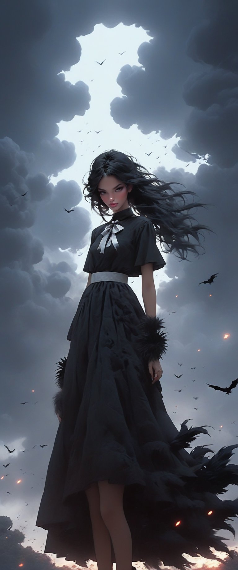  evil dark ((((masterpiece))),best quality, extremely detailed CG unity 8k, illustration, contour deepening beautiful detailed glow,(beautiful detailed eyes), (1 girl:1.1), ((Bana)), large top sleeves, Floating black ashes, Beautiful and detailed black, red moon, ((The black clouds)), (black Wings) , a black cloudy sky, burning, black dress, (beautiful detailed eyes), black expressionless, beautiful detailed white gloves, (crow), bat, (floating black cloud:1.5),white and black hair, disheveled hair, long bangs, hairs between eyes, black knee-highs, black ribbon, white bowties, midriff,{{{half closed eyes}}},((Black fog)), Red eyes, (black smoke), complex pattern, ((Black feathers floating in the air)), (((arms behind back))), midjourney, niji,Realism
) , ,sparks,, painting canvas style, sharp focus, emitting diodes, smoke, artillery, sparks, racks, system unit, perfect composition, beautiful detailed intricate insanely detailed octane render trending on artstation, 8 k artistic photography, photorealistic concept art, soft natural volumetric cinematic perfect light, chiaroscuro, award - winning photograph, masterpiece, oil on canvas, raphael, caravaggio, greg rutkowski, beeple, beksinski, giger,ct-niji2,sooyaaa,roses_are_rosie