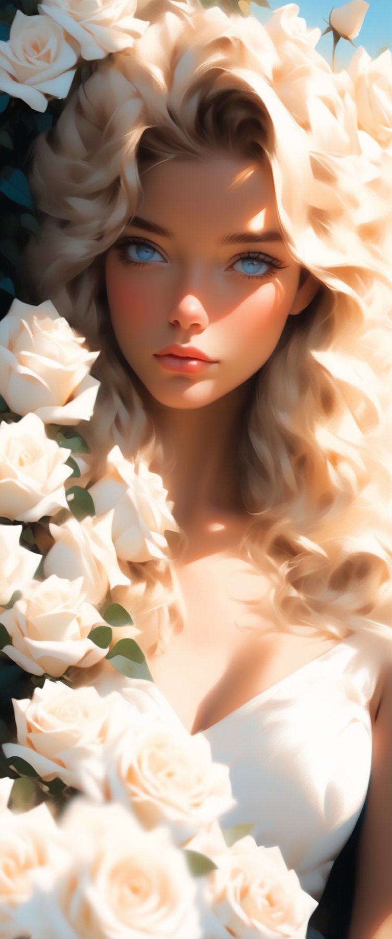 Photorealistic half body portrait of Hyperrealistic character by Alena Aenami, beautiful blond Woman, lying in a garden of white roses, with beautiful blue eyes, detailed and realistic, soft and dreamy hues, cinematic light and shadows 
