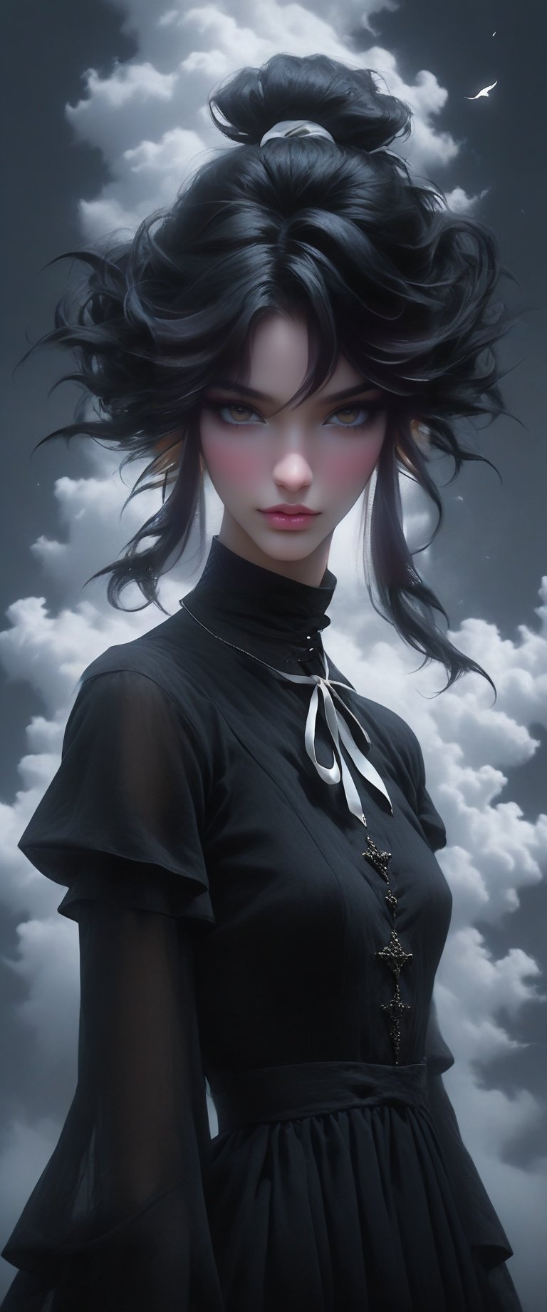  evil dark ((((masterpiece))),best quality, extremely detailed CG unity 8k, illustration, contour deepening beautiful detailed glow,(beautiful detailed eyes), (1 girl:1.1), ((dark cupid)), large top sleeves, Floating black ashes, Beautiful and detailed black, red moon, ((The black clouds)), (holding a black rose) , a black cloudy sky, burning, black dress, (beautiful detailed eyes), black expressionless, beautiful detailed white gloves, (), , (floating black cloud:1.5),white and black hair, disheveled hair, long bangs, hairs between eyes, black knee-highs, black ribbon, white bowties, midriff,{{{half closed eyes}}},((Black fog)), Red eyes, (black smoke), complex pattern, ((Black feathers floating in the air)), (((arms behind back))), midjourney, niji,Realism
) , ,sparks,, painting canvas style, sharp focus, emitting diodes, smoke, artillery, sparks, racks, system unit, perfect composition, beautiful detailed intricate insanely detailed octane render trending on artstation, 8 k artistic photography, photorealistic concept art, soft natural volumetric cinematic perfect light, chiaroscuro, award - winning photograph, masterpiece, oil on canvas, raphael, caravaggio, greg rutkowski, beeple, beksinski, giger,ct-niji2,sooyaaa,