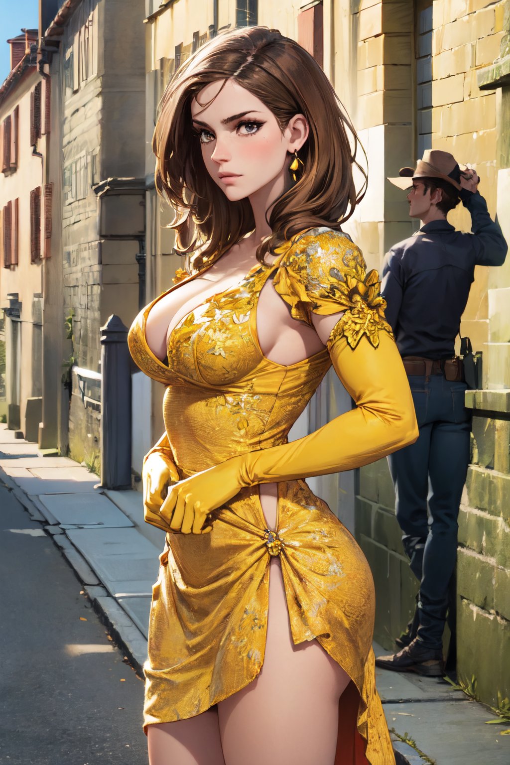 (masterpiece:1.2), (best quality), (ultra detailed), (8k, 4k, intricate),(half-body shot:1.2),(cowboy:1.2),(highly detailed:1.2),(detailed face:1.2), (detailed background),(full body, large_breasts),detailed landscape, belle,1girl, solo, long hair, brown hair, gloves, dress, jewelry, earrings, elbow gloves, yellow dress, gown,castle background,EmmaWat,Emmawat