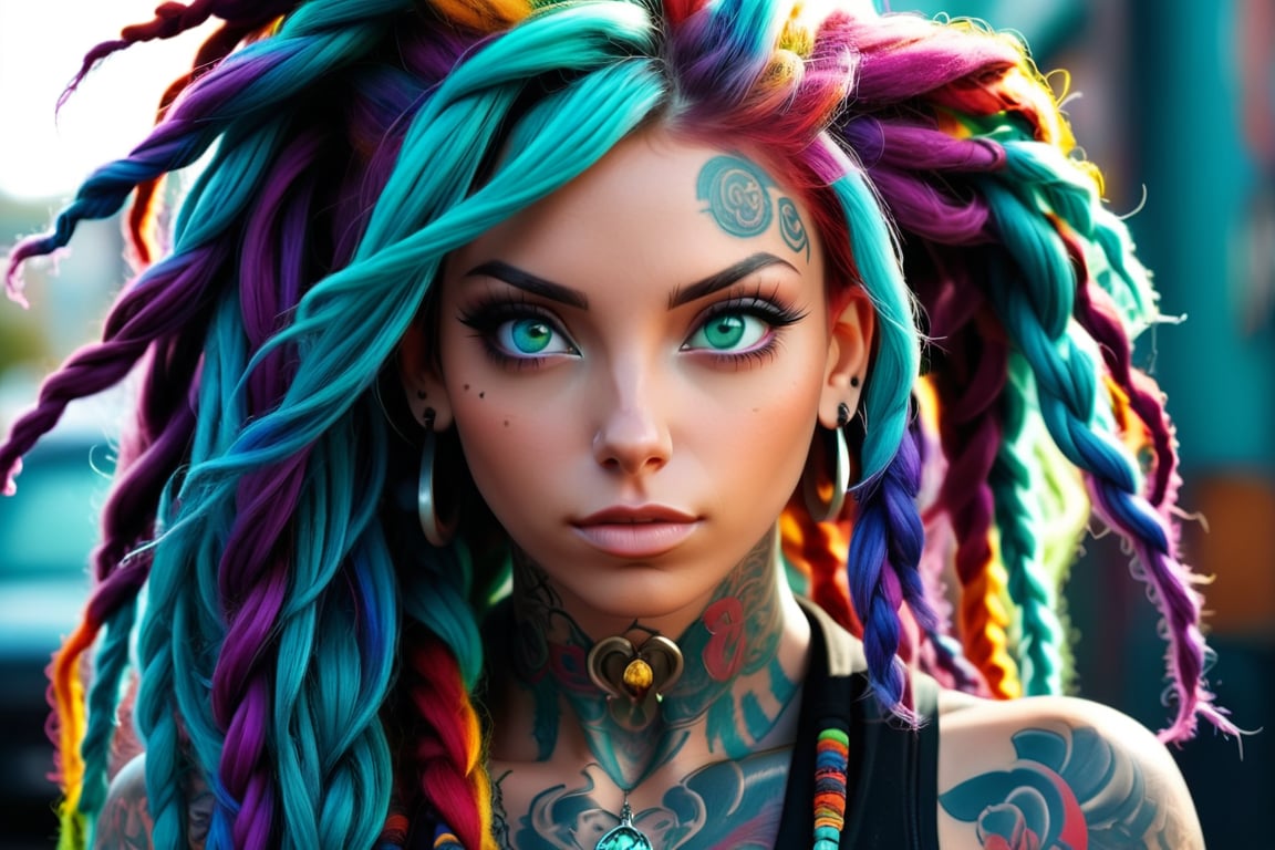 a cinematic portrait of a  tattooed girl with colorful dreadlocks and aquamarine eyes
