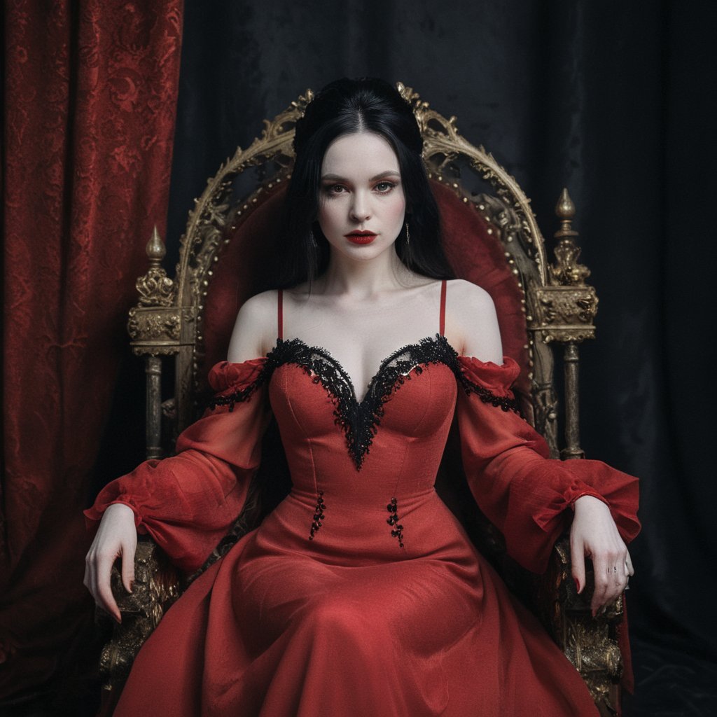 a woman with very pale skin and black hair, wearing a pompous red dress, sitting on a throne, dark theme, gothic