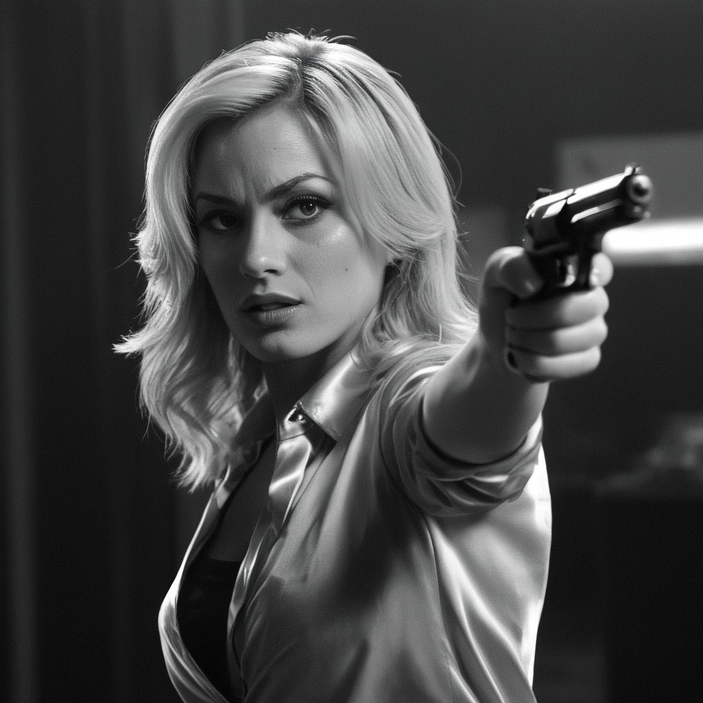 Black and white, (BLONDE FEMALE) vector illustration of, , erica cerra as protagonist in a SinCity style movie, wearing shiny satin shirt,  screenshot,  pointing gun at camera,  light grey