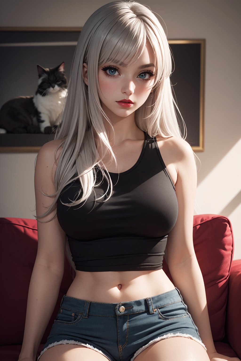 painting of attractive woman with bright long silver hair, big hair,  (messy anime style hair), sitting on a sofa,  fluffy cat on lap, red lipstick,  lot of makeup,  thick eyeliner,  red blush, full torso portrait,  art by jaynl, perfect face,  pale skin,  alluring eyes(wearing tight black top and hotpants)(highly detailed skin),  (freckles:0.6),  intricate details,  hyperdetailed,  dark livingroom,  medium depth of field,  high contrast, anime style cartoon,  ink outlines