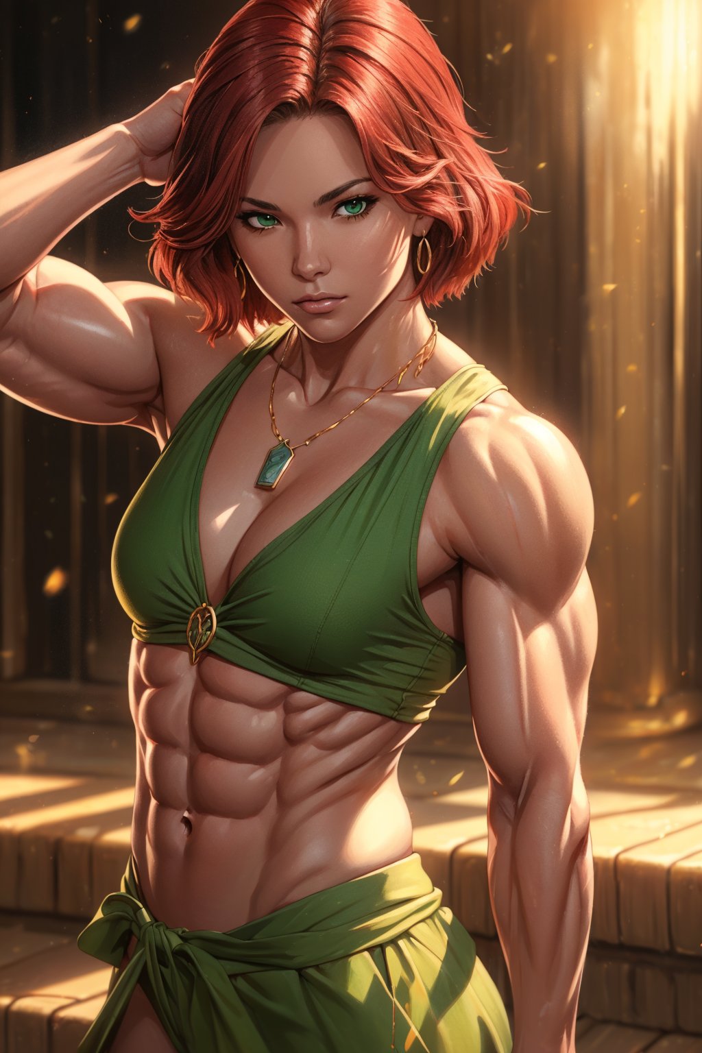 1girl, solo, Yukina, oil painting, impasto, looking at viewer, a young woman, 18 years old, red hair, shoulder length haircut, green eyes,  tribal necklace, urban psychedelic outfit, muscular figure, muscular arms, ripped abs, psychedelic  background, masterpiece, nijistyle, niji, ,sciamano240, soft shading, yukina,1 girl
