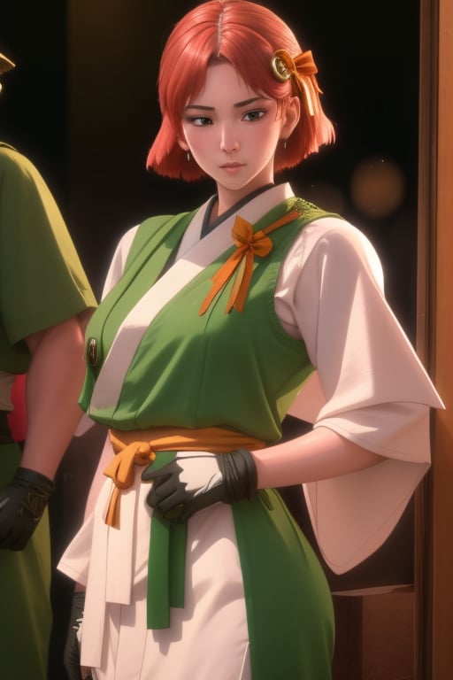 Yukina is a beautiful 20 year old woman. She has an athletic and muscular build, with a white complexion. She wears a short neck-length hair style, it is dense and a somewhat pale red hair. She wears a white kimono with an orange ribbon up to her waist, and above her a green outfit consisting of a vest, gloves and boots, with orange ribbons tied to them. She usually uses some gogz. interactive image, highly detailed. 1girl,  sciamano240, yukina