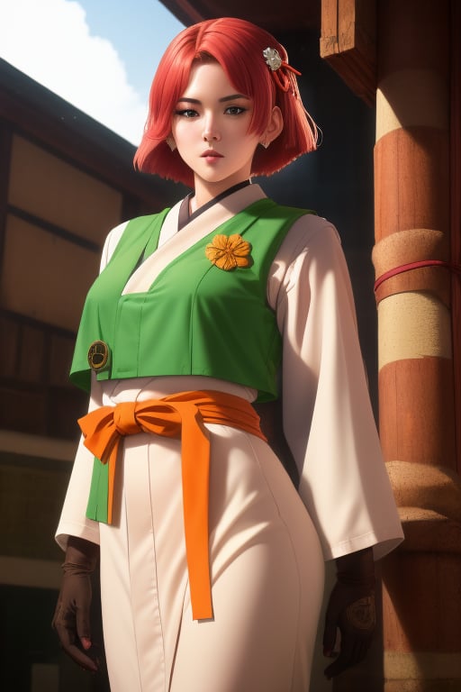 Yukina is a beautiful 20 year old woman. She has an athletic and muscular build, with a white complexion. She wears a short neck-length hair style, it is dense and a somewhat pale red hair. She wears a white kimono with an orange ribbon up to her waist, and above her a green outfit consisting of a vest, gloves and boots, with orange ribbons tied to them. She usually uses some gogz. interactive image, highly detailed. 1girl,  sciamano240, yukina