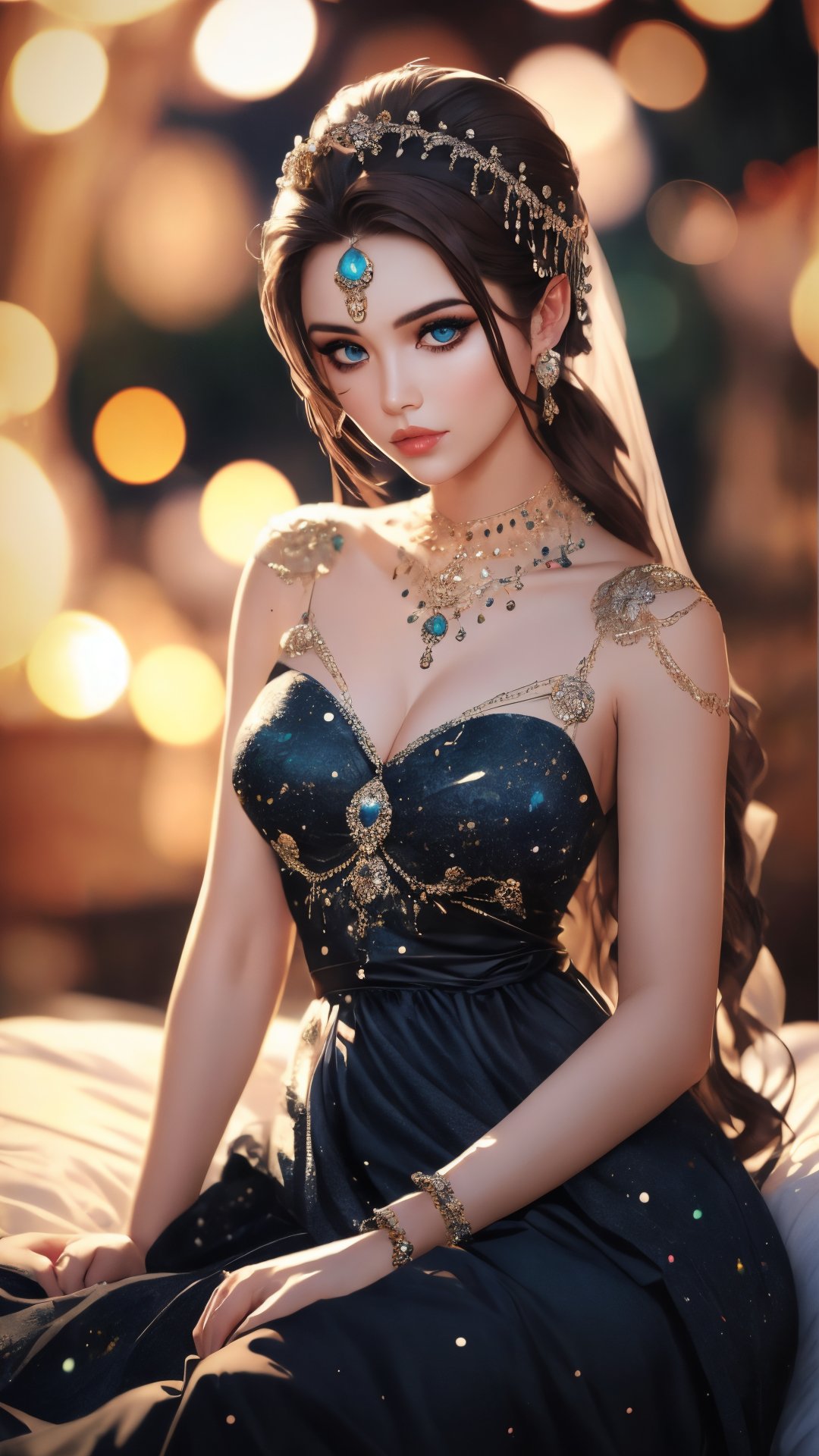 ((Bokeh:1.5)),((Soft focus:1.5)),(Fog),((blur)),(Lens Flare), The Empress,stunning beautiful young girl,22 years old, Brown hair,very short Brown hair,((Slicked back hair)),((Forehead)),(head chain with jewelry stone), girl has Beautiful blue eyes, soft expression,(heavy black eyeshadow:1.2), Depth and Dimension in the Pupils, wears white delicate fractal pattern lace dress,Incredibly long Dress Lace, Lying on a bed of shells, creating a sense of movement and depth, Masterpiece,photorealistic,ME_beauty