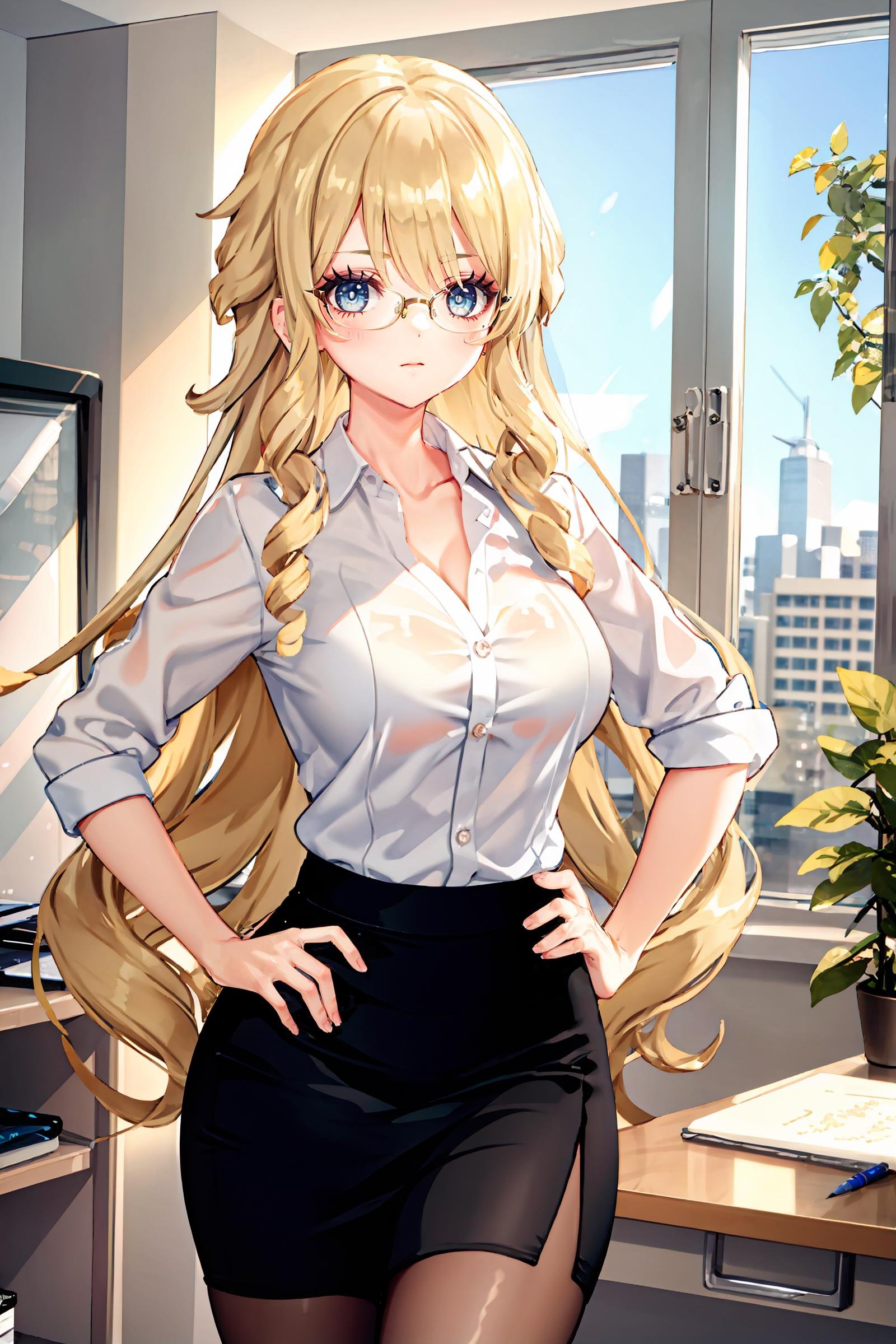 1girl, navia \(genshin impact\), solo, office lady, white collared shirt, pencil skirt, pantyhose, glasses, glaring, looking at viewer, hand on hip, office, indoors, depth of field, masterpiece