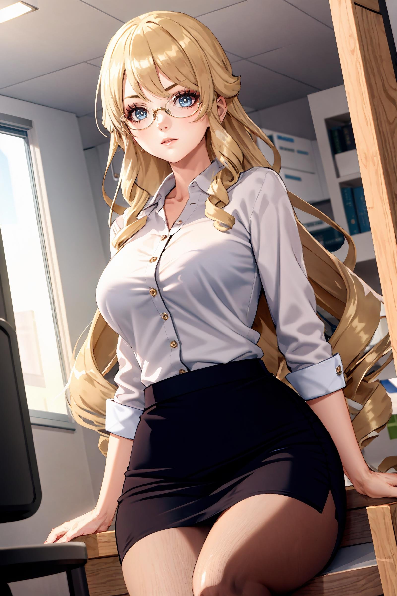 1girl, navia \(genshin impact\), solo, office lady, white collared shirt, pencil skirt, pantyhose, glasses, glaring, looking at viewer, hand on eyewear, office, indoors, depth of field, masterpiece