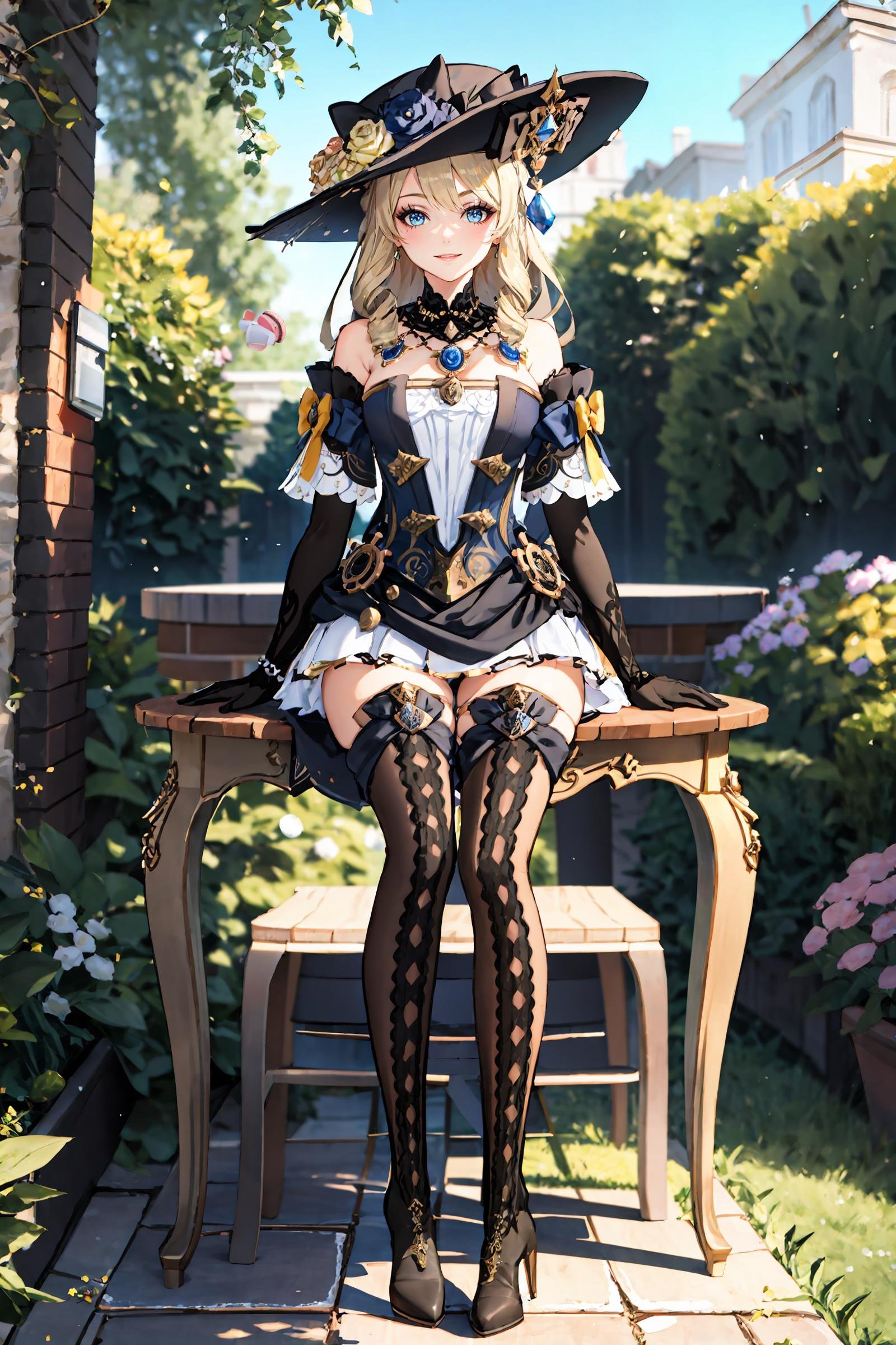 1girl, navia \(genshin impact\), solo, fancy hat, thigh boots, detached sleeves, single glove, strapless dress, detached collar, showgirl skirt, necklace, waist cape, looking at viewer, light smile, full body, sitting,  garden, outdoors, depth of field, table, chair, macaron, cake, masterpiece