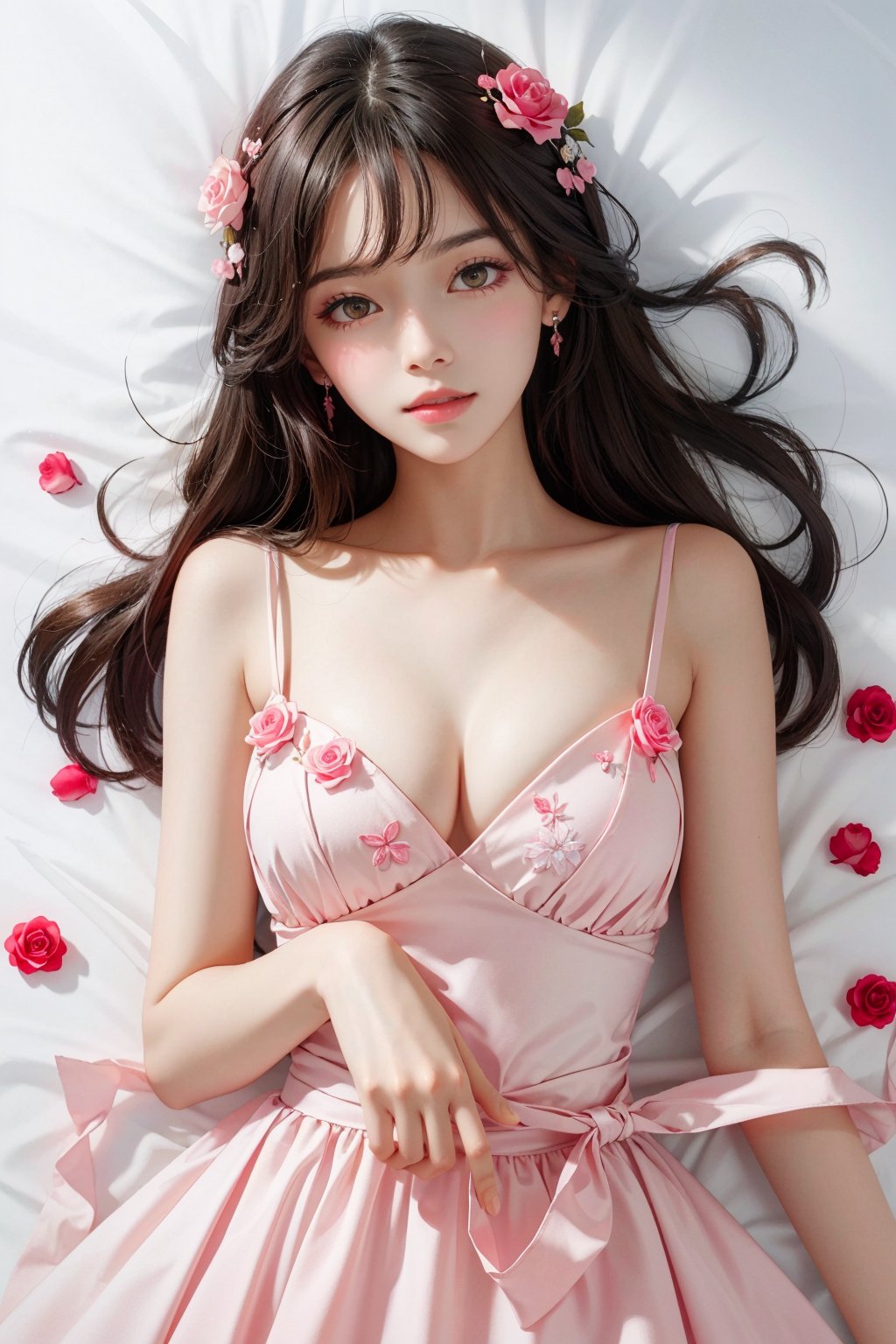 (masterpiece, high quality, 8k), 1girl,floral dress, rose, red flower, pink rose ,petals, rose petals, yellow flower,  upper body,((nude)), breasts,   <lora:rose:0.8>