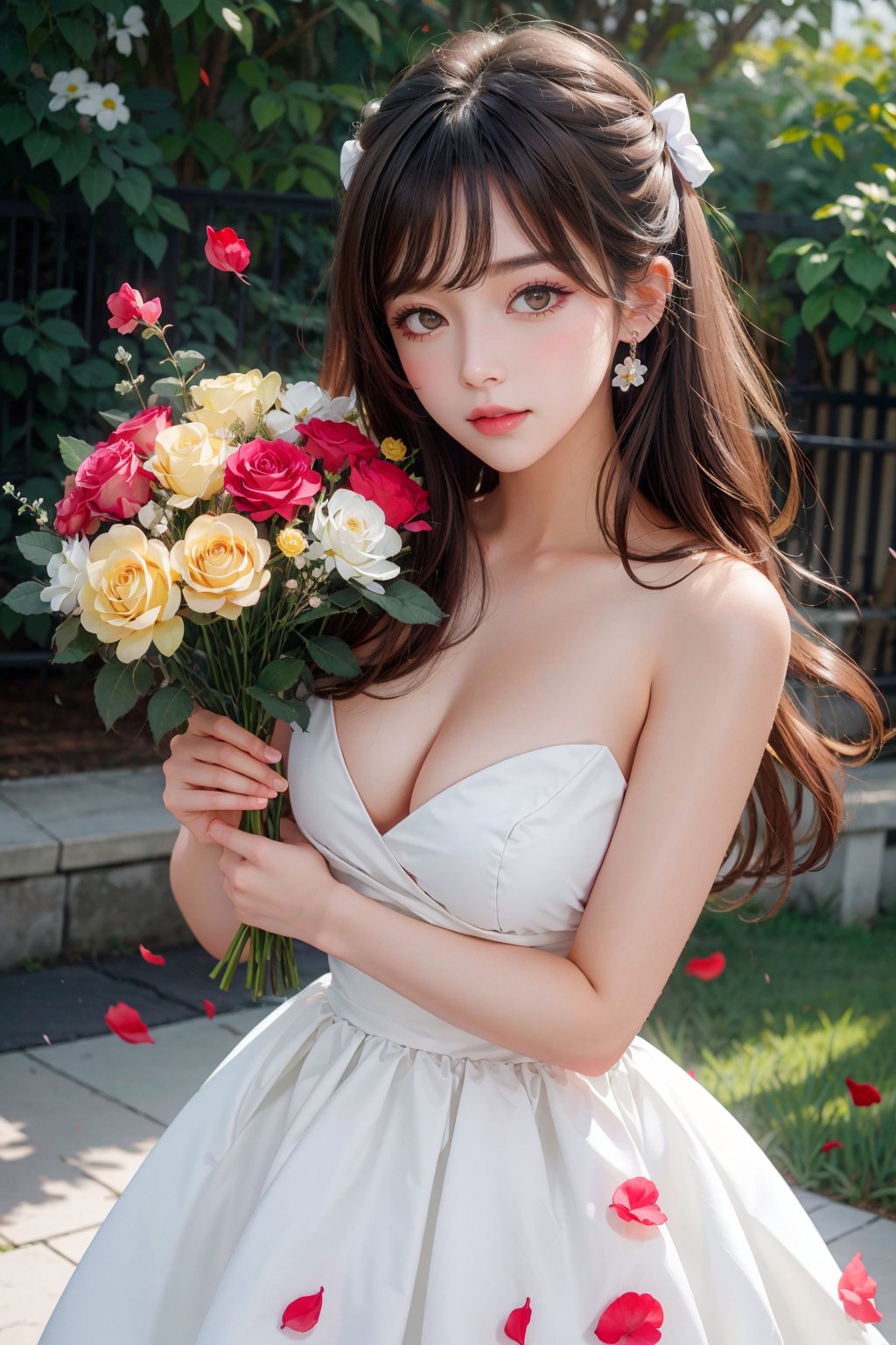 (masterpiece, high quality, 8k), 1girl,floral dress, rose, red flower, pink rose ,petals, rose petals, yellow flower,  upper body,((nude)), breasts,   <lora:rose:1>