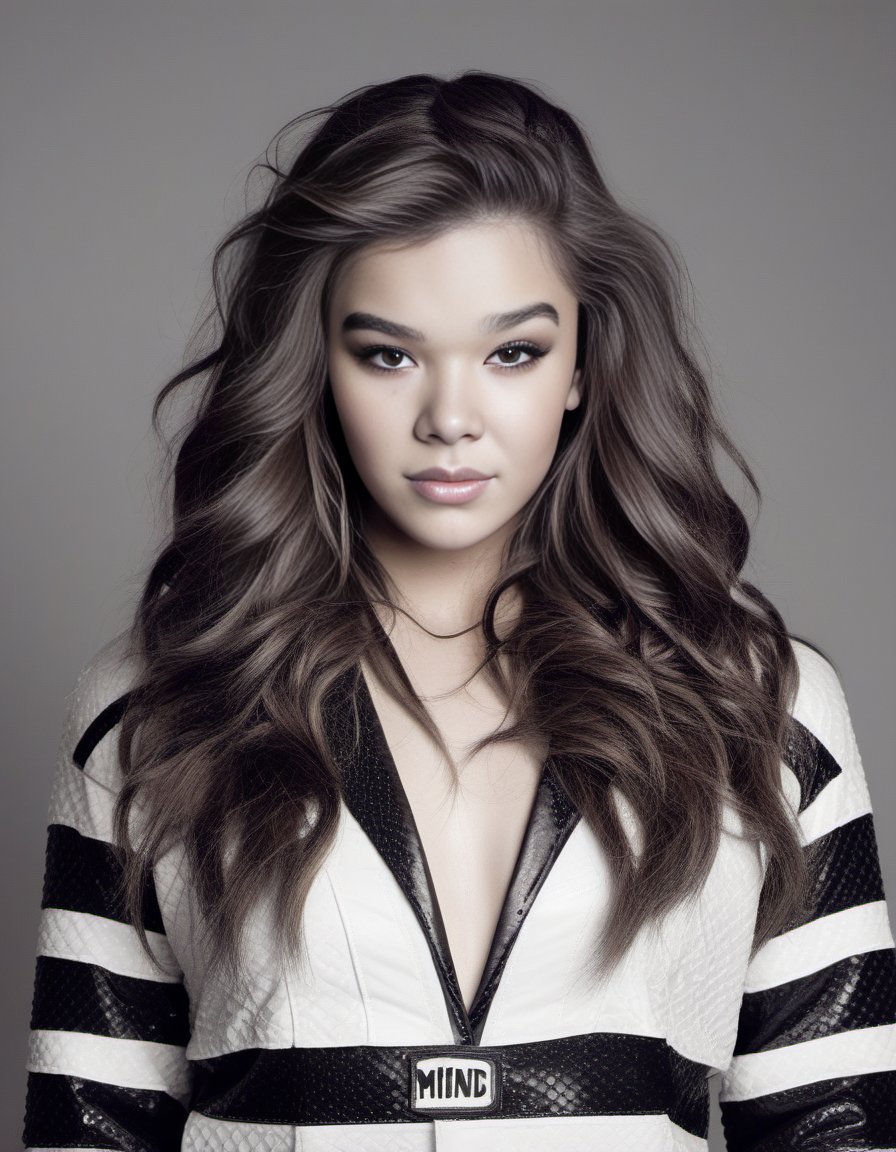 HaileeSteinfeld, photograph, stylized, zoomed out of a Lifeless Resourceful Woman, wearing Mind reader Cheerleader uniform, Fur-Trimmed Twist out hairstyle, Raining, behance, Canon 5d mark 4, Zoom lens, BW, <lora:HaileeSteinfeldSDXL:1>