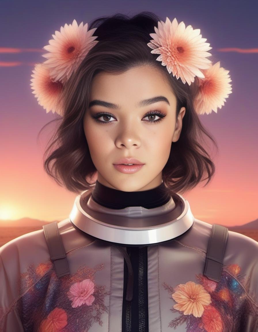 HaileeSteinfeld,<lora:HaileeSteinfeldSDXL:1>female, realistic photo, detailed face with a beautiful symmetric eyes wearing intricate clothing and headpiece made from flowers in the middle of her neck!, photorealistic digital art by Artgerm!!! Greg Rutkowski! IlyA Kuvshinov!! WLOP!!!!! dramatic lighting hyperrealism trending on pixiv fanbox concept matte painting octane render neon cyberpunk volumetrics cinematic masterpiece. 4k 8mm lens f2 professional photography rim light photograph portrait black hair pretty girl posing as an astronaut flying through space full body shot close-up at golden hour sunset clouds dreamscape psychedelic dune desert landscape background chinese goth