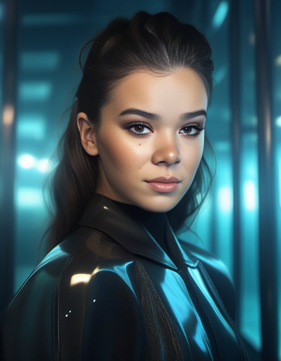 HaileeSteinfeld,<lora:HaileeSteinfeldSDXL:1>female, realistic photo, bokeh. iridescent colorsC4D render by Michael Whelan and Tom Bagshaw with a clear skin tones of grey on the face in front out towards camera :2 like The Cyberpunk 2077 inside an underwater train to atlantis under water warm light from above through glass windows while wearing leather suit designed for gothic paintings made upwork trending artstation very detailed hd 4k quality super high resolution beautiful dramatic lightning neon lighting" cyberneticrocaly atmosphere highly-detailed 8mm lens professional cinematic photography award winning photorealistic portrait studio photograph black white background hyperrealism unreal engine 5
