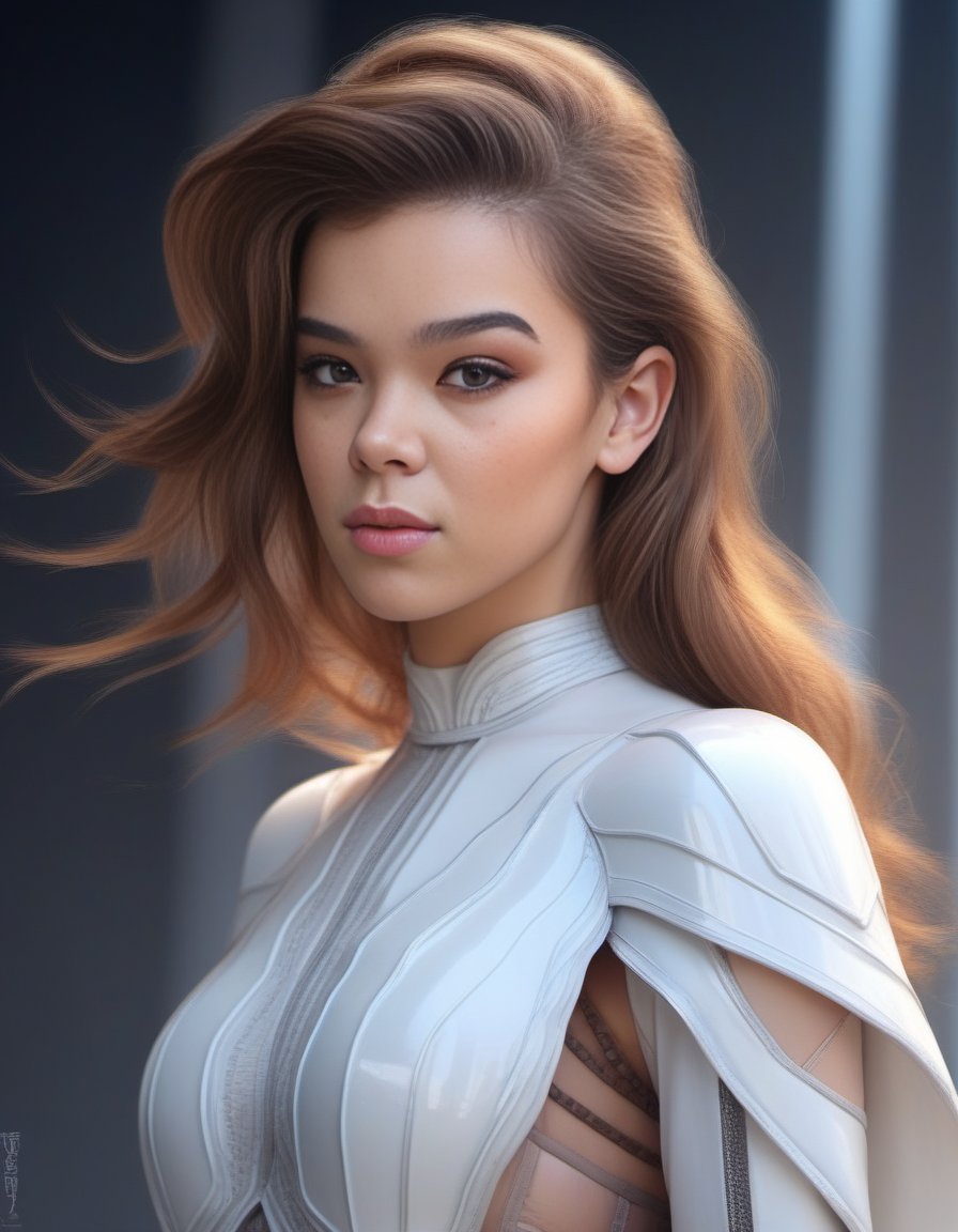 HaileeSteinfeld,<lora:HaileeSteinfeldSDXL:1>,portrait,female, beautiful face and flawless skin!, perfect nose!! intricate elegant highly detailed digital painting artstation concept matte sharp focus illustration by Ruan Jia on ArtStation HD. W- 1024 n9x 35mm T3d"s glass oc commission photorealistic portrait cinematic action shot of a young woman with red hair in style anime movie character from the future standing at an alien planet background | drawn as if wearing white braided skirt holding blue lightsaber 4k detail hyperreal symmetrical full body well proportionate realistic high resolution quality 8K pastel colours soft lighting cute freckles + blonde short