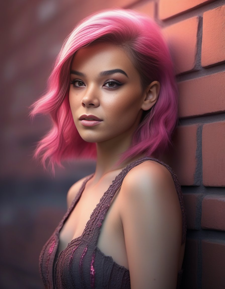 HaileeSteinfeld,<lora:HaileeSteinfeldSDXL:1>female, realistic photo, professional photography of natalie portman face with pink hair as a woman in the style and red dress standing on an old brick wall by WLOP-H 768.com/3d render 8k hdr sunset lighting trending at artstation cgsociety contest winner beautiful intricate detailed octane rendered unreal engine cyberpunk dramatic dark fantasy atmospheric photorealistic cinematic volumetric god rays hyperrealism 3D shading ultra HD 16x matte painting blender zbrush concept Art behance pinterest furaffinity Unreal Engine highly stylized vibrant pastel light neon noir colour scheme 4 k post processing high resolution very sharp focus