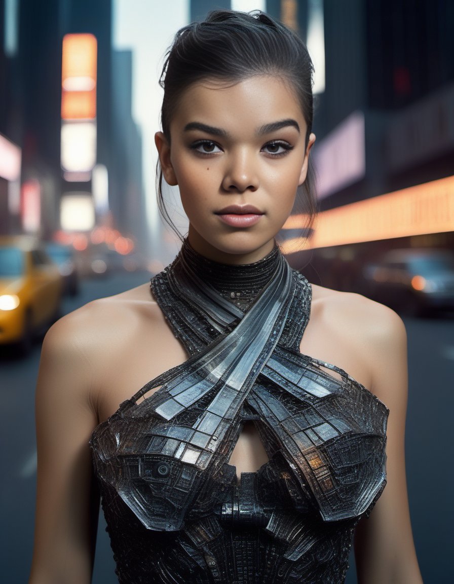 HaileeSteinfeld,<lora:HaileeSteinfeldSDXL:1>female, realistic photo, detailed body shape by Annie Leibovitz and Steve McCurry; natural light sharp focus face STEM eyes with a soft glow coming from her mouth like"and renderak Portra 400 film stock. Cyberpunk city at night in the background on fire off-the shoulder shot intricate details ::2&4mm lens f/8 aperture professional photograph of an old woman's life magazine cover dress made outta5 is running to camera while looking into it inside your window as you see him open his back during lightning storm that looks up towards me through foggy moody new york times square full color hd 4k highly