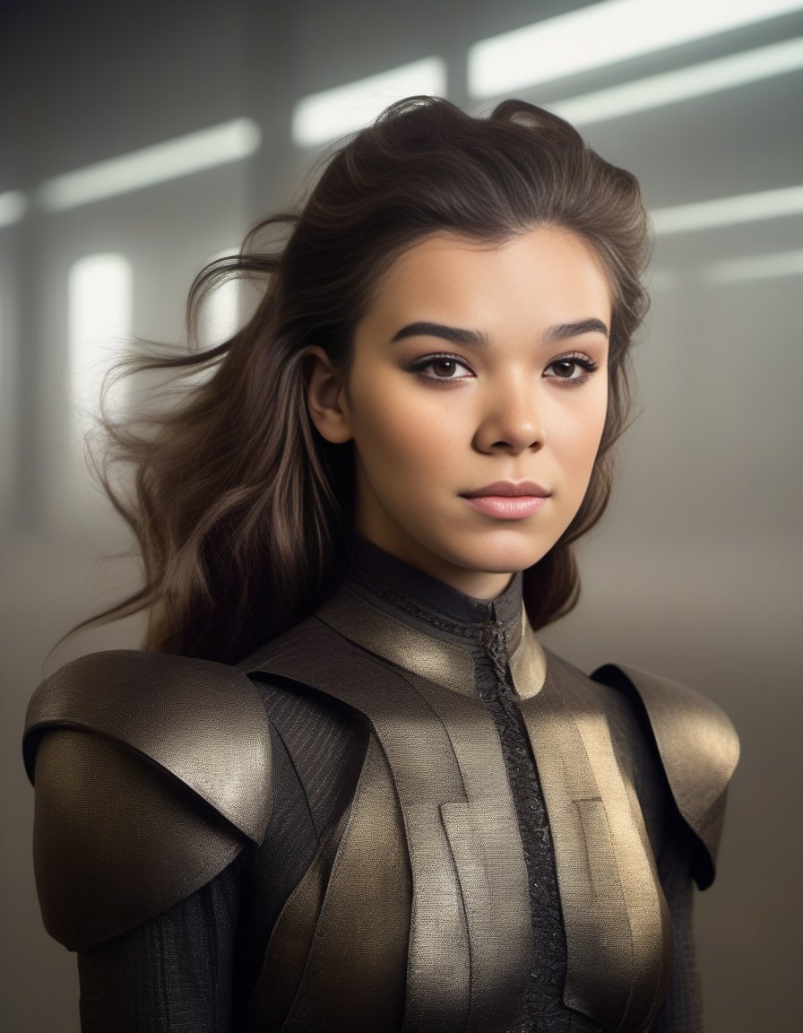 HaileeSteinfeld,<lora:HaileeSteinfeldSDXL:1>female, realistic photo, detailed face portrait by Annie Leibovitz and Steve McCurry; natural light. Her body hair is dark brown with a few"ween hairstyle while flying in the air above her head wearing suit under armor of firefly dress like alphonse muchasian cosplay contrast dramatic lighting trending on artstation 8k HD photograph full length shot 35mm f2-point perspective bokeh high detail cinematic composition wide angle dynamic pose neutral expressionism rendered at 16x graphics visual novel fashion edition cover complexity inspired architecture designedby Nier automata) + Zdzislaw Beksinski carl spielt