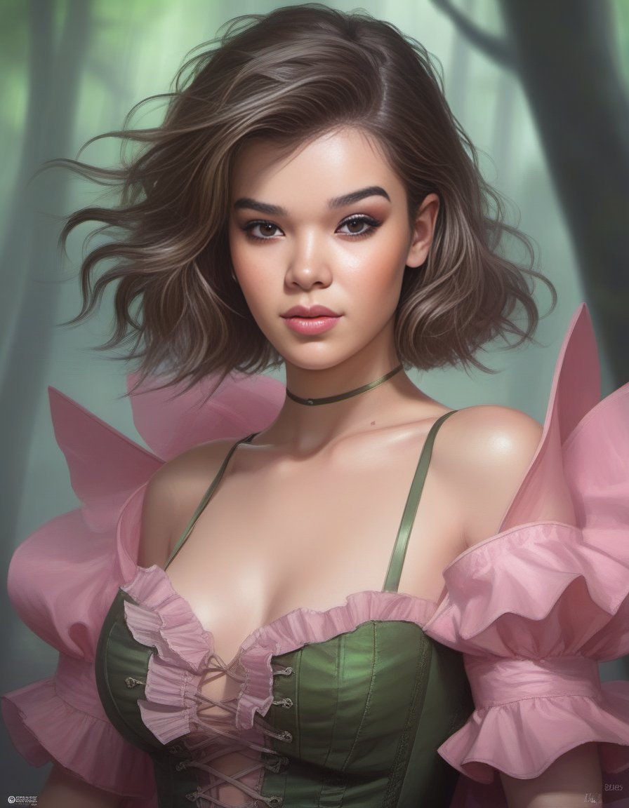 HaileeSteinfeld,<lora:HaileeSteinfeldSDXL:1>Anime portrait by WLOP and Artgerm, trending on artstation, (masterpiece, best quality), 1girl, pixie, in a fantasy forest, green Short Wavy Hair with, Size DD breasts, pink Corset top and Ruffled mini skirt kneehighs,