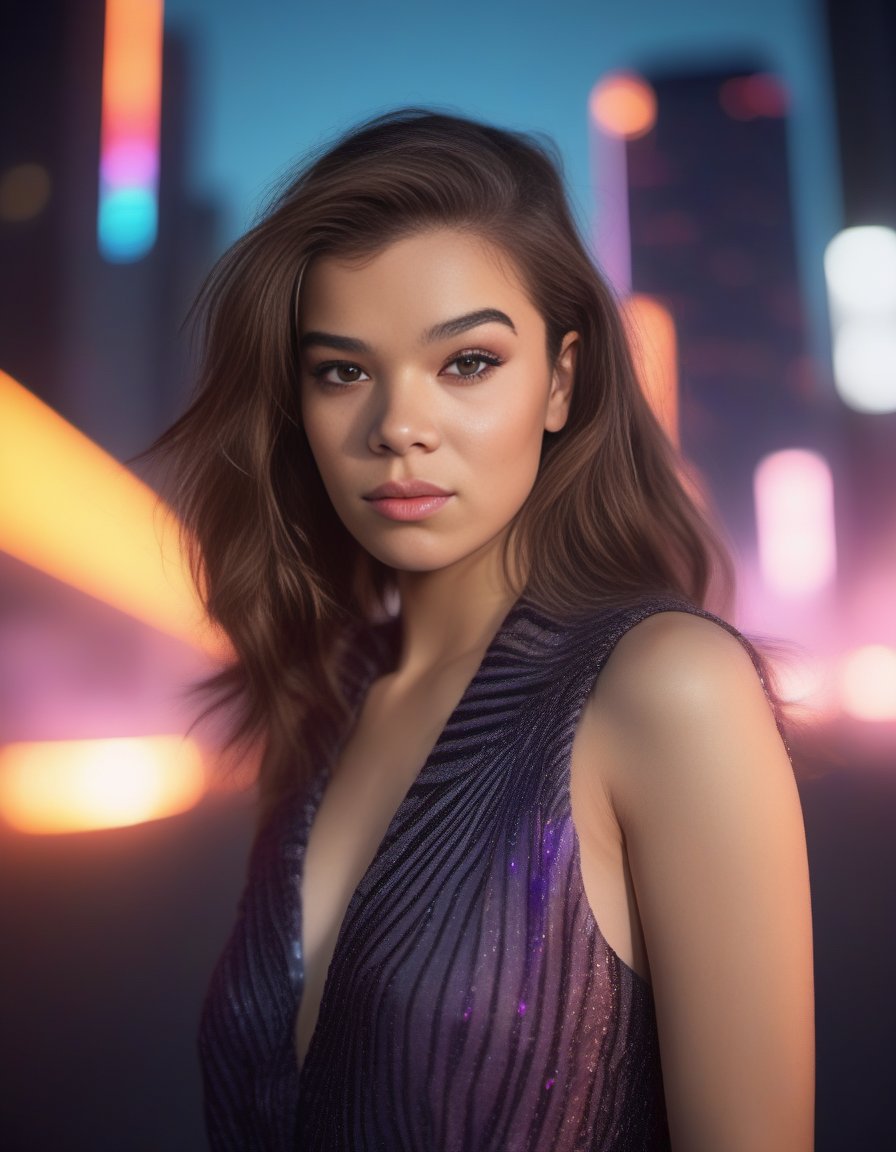 HaileeSteinfeld,<lora:HaileeSteinfeldSDXL:1>female, realistic photo, detailed portrait photography by Annie Leibovitz and Steve McCurry-H 768!!! Alphonse Muchrai style 4k 8mm full body shot professional photograph high quality macro lens dramatic lighting hyperrealistic neon cyberpunk city street night at evening with a sky filled in background F4.2 aperture f/5 bokeh lights sharp contrast cinematic light shadows hd award winning trending on flickr artstation vivid colors vaporwave vibrant pastel beautiful digital illustration highly detail concept ArtStation unreal engine octane render Vibrant intricate details epic composition masterpiece fine face extremely moody sunsetscape photorealism 16x(8)
