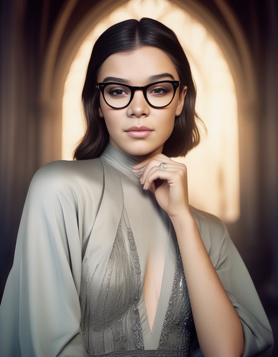 HaileeSteinfeld,<lora:HaileeSteinfeldSDXL:1>female, realistic photo, 8k studio photography.A beautiful face like kendall jenner in a white dress with black bob hair and glasses holding her hands out for the camera by Annie Leibovitz superetrical eyes closed on one hand to eye half-length portrait intricate dramatic lighting hyperrealistic oil painting style 4x5s2 35mm medium format print 100 polaroid art nouveau realism postprocessing cinematic epic landscape of an ornate ancient gothic cathedral at night underwater cyberpunk city concept design medieval psychedelic horror fantasy atmospheric perspective highly detailed matte sharp focus hdr shot digital unreal engine 5 render trending Artstation HD award