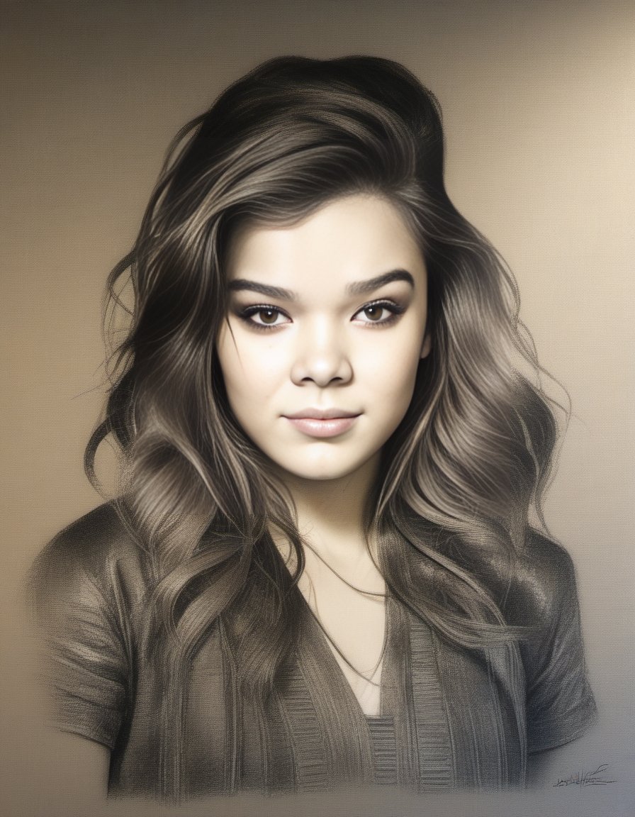 HaileeSteinfeld,<lora:HaileeSteinfeldSDXL:1>charcoal drawing of a girl by timothy, in the style of hyper-realistic sci-fi, detailed perfection, hyper-realistic details, realistic human figures, heavy use of palette knives, hyper-realistic pop, frayed