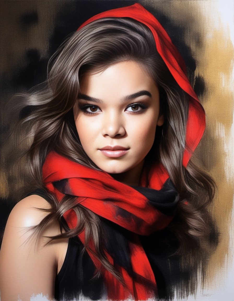 HaileeSteinfeld,<lora:HaileeSteinfeldSDXL:1>breathtaking portrait of a gorgeous girl, sultry, red scarf, dark gold and black, gossamer fabrics, jagged edges, eye-catching detail, insanely intricate, vibrant light and shadow , beauty, paintings on panel, textured background, captivating, stencil art, style of oil painting, modern ink, watercolor , brush strokes, negative white space