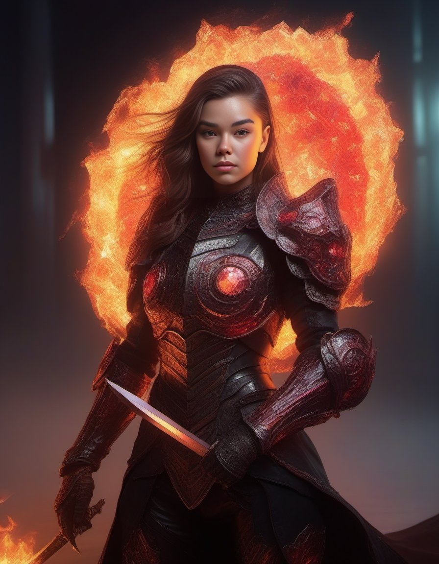 HaileeSteinfeld,<lora:HaileeSteinfeldSDXL:1>female, realistic photo, full body iron armor jacket with metal sword and shield holding a large red fire crystal at the top of her head while she is in front by night. fantasy concept art character illustration trending on pixiv fanbox skeb alphonse muchas WLOP James Jean Marc Simonetti Ruan Jia official artwork made outtagsociety unreal engine 4k 3d render octane renderer high quality model volumetric lighting subsurface scattering rtx ray traced w- 768 n 6 fxrays hdr sunset light box iridescent vivid colors 8 k neon black backlight bright cinematic lightning magic realism detailed