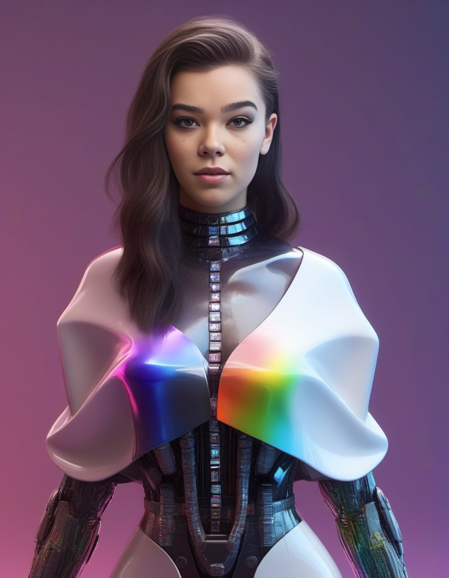 HaileeSteinfeld,<lora:HaileeSteinfeldSDXL:1>female, realistic photo, 8k. Intricate details :2 by Goro Fujita and Simon Stalenhag ArtStationHD octane render blender Unreal Engine V-ray mayfut engine trending on artstation hyperdetailed unrealengine volumetric lighting subsurface scatteringuristic High Realistic Cinematic Lighting of the future in space fantasy at night cyberpunk 2077 highly detailed sci fi concept digitalart a robot character design 4d 3D pixar painting cyborg girl standing with black hair floating around her face wearing latex dress made out white silk clothing holding an iridescent neon rainbow diamond full body photorealism cinematic dramatic