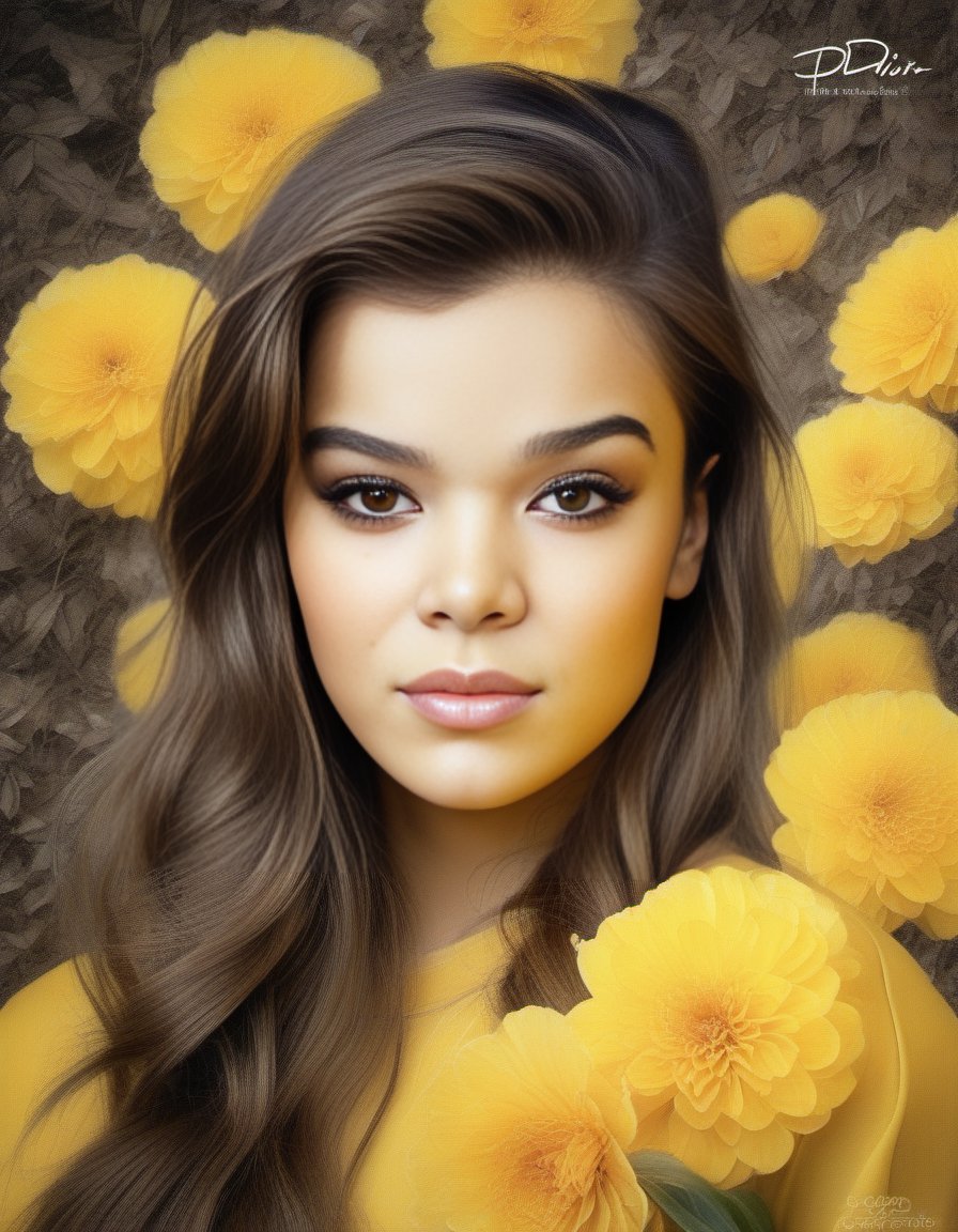 HaileeSteinfeld,<lora:HaileeSteinfeldSDXL:1>Girl with beautiful sad eyes on the background of flowering garden. earthy tone and yellow colors (glamour by Dior). Hyperrealistic, real, art, photography, realistic, masterpieces, high quality, best quality, official art, beautiful, aesthetic, highly detailed, intricate, sharp focus, digital art, [style by Luis Royo and Fabian Perez], fine charcoal , pencil sketch, stencil layered resin, 16k, UHD, HDR, (Masterpiece: 1. 5), (best quality: 1. 5)