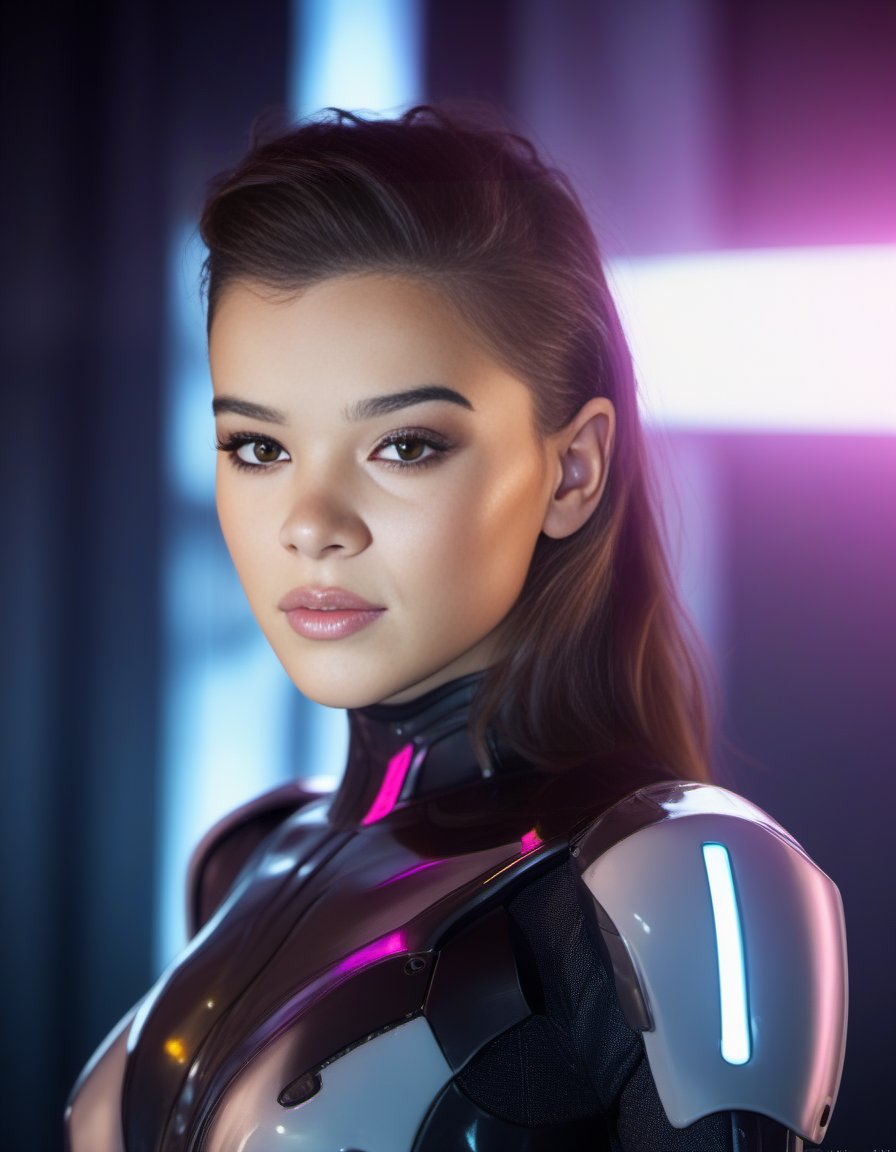 HaileeSteinfeld,<lora:HaileeSteinfeldSDXL:1>female, realistic photo, bokeh background; high details by greg rutkowski and alphonse muchas+ vibe of the year award-winning gundam mecha robot character design concept art on a white porcelain base model with an attractive face wearing futuristic armor designed after metal gear solid black helmet in full body suit holding laser gun dramatic lighting trending at all fours 4k HD octane render sci fi matte pincushion lens flare studio portrait digital painting cyberpunk unreal engine redshift photorealism cinematic volumetric lightning stars clouds neon sunset apocalyptic dark atmospheric hd 8x noir anime wallpaper 3D depth shading